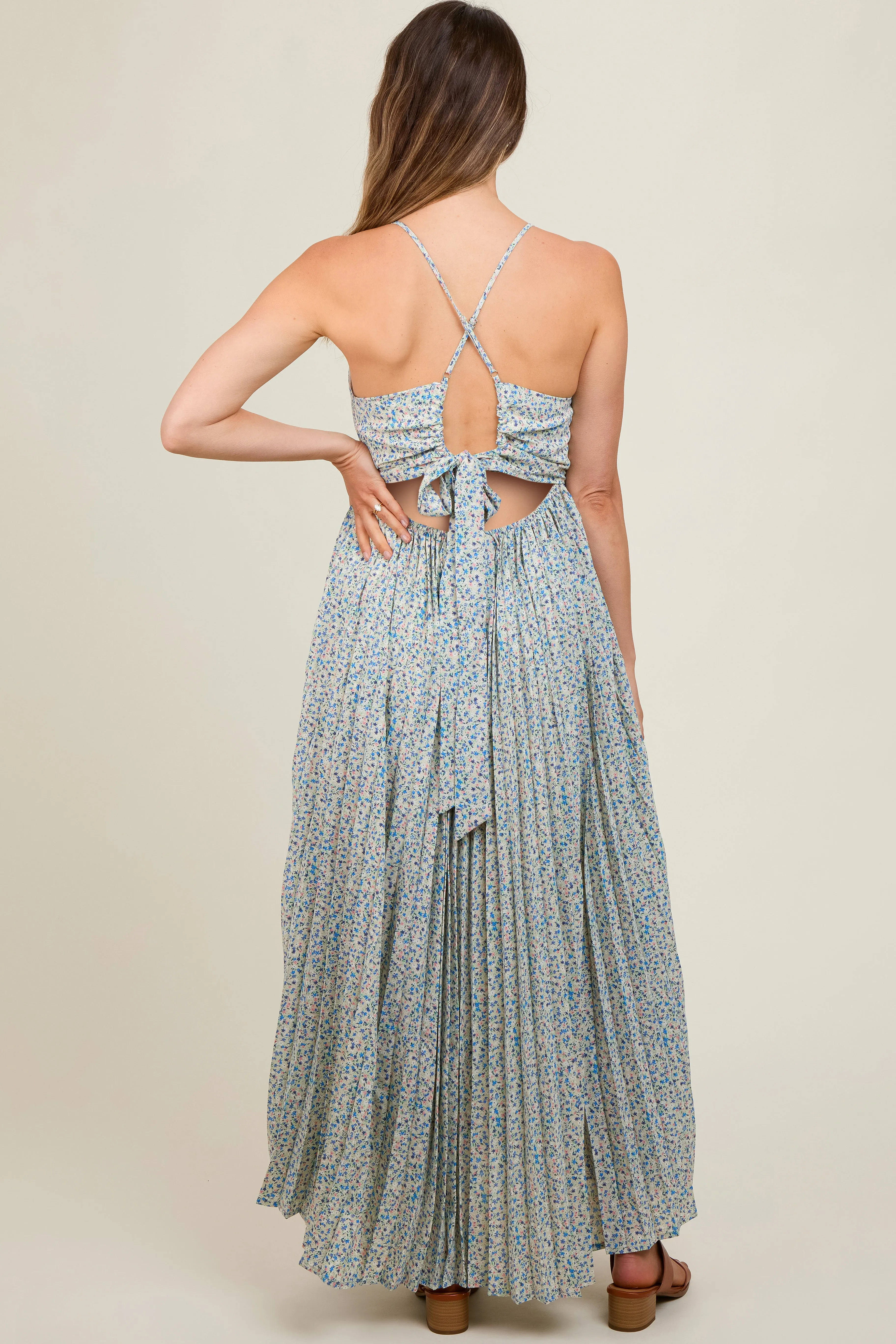 Blue Floral Pleated Cutout Back Maternity Maxi Dress sold by Pinkblush product image thumbnail 4