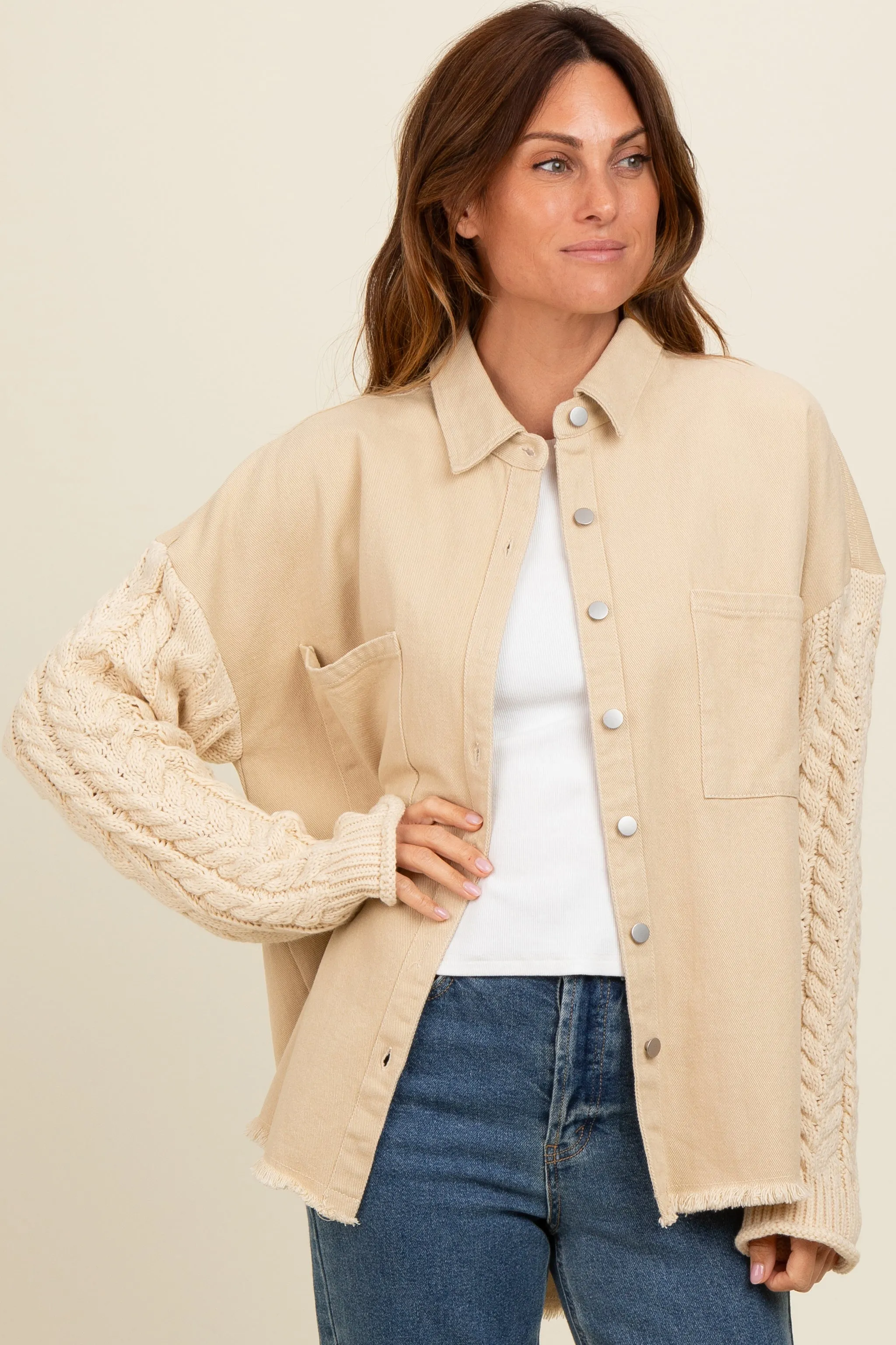 Beige Denim Cable Knit Contrast Jacket sold by Pinkblush product image thumbnail 2