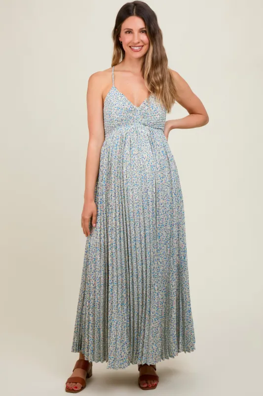Blue Floral Pleated Cutout Back Maternity Maxi Dress sold by Pinkblush