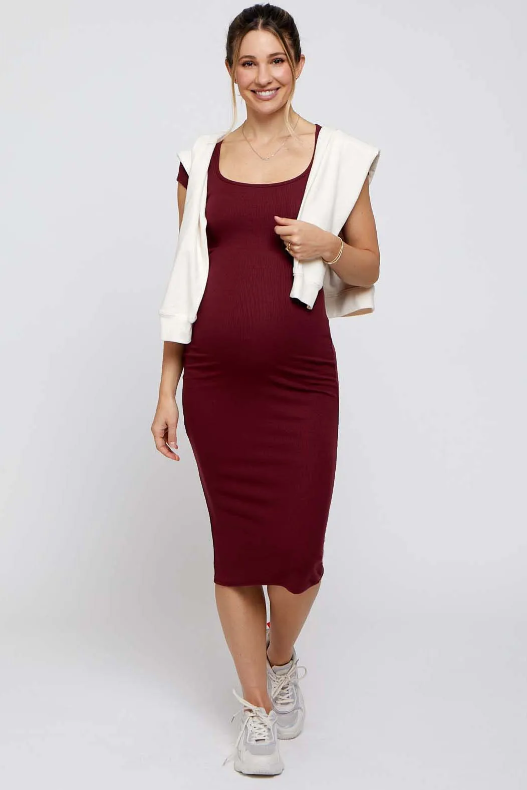Burgundy Rib Knit Short Sleeve Maternity Midi Dress sold by Pinkblush product image thumbnail 2