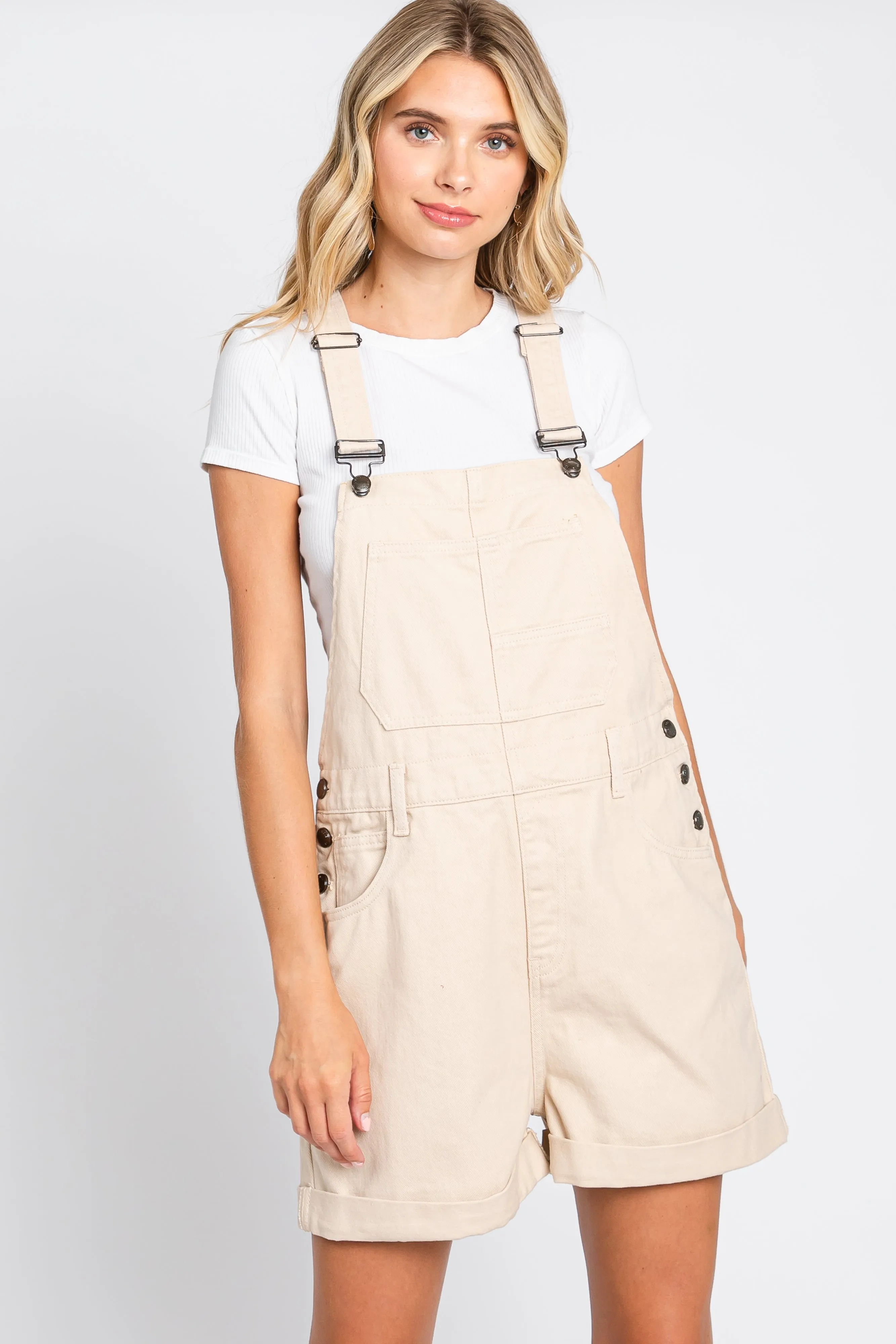 Beige Front Pocket Overall Shorts sold by Pinkblush