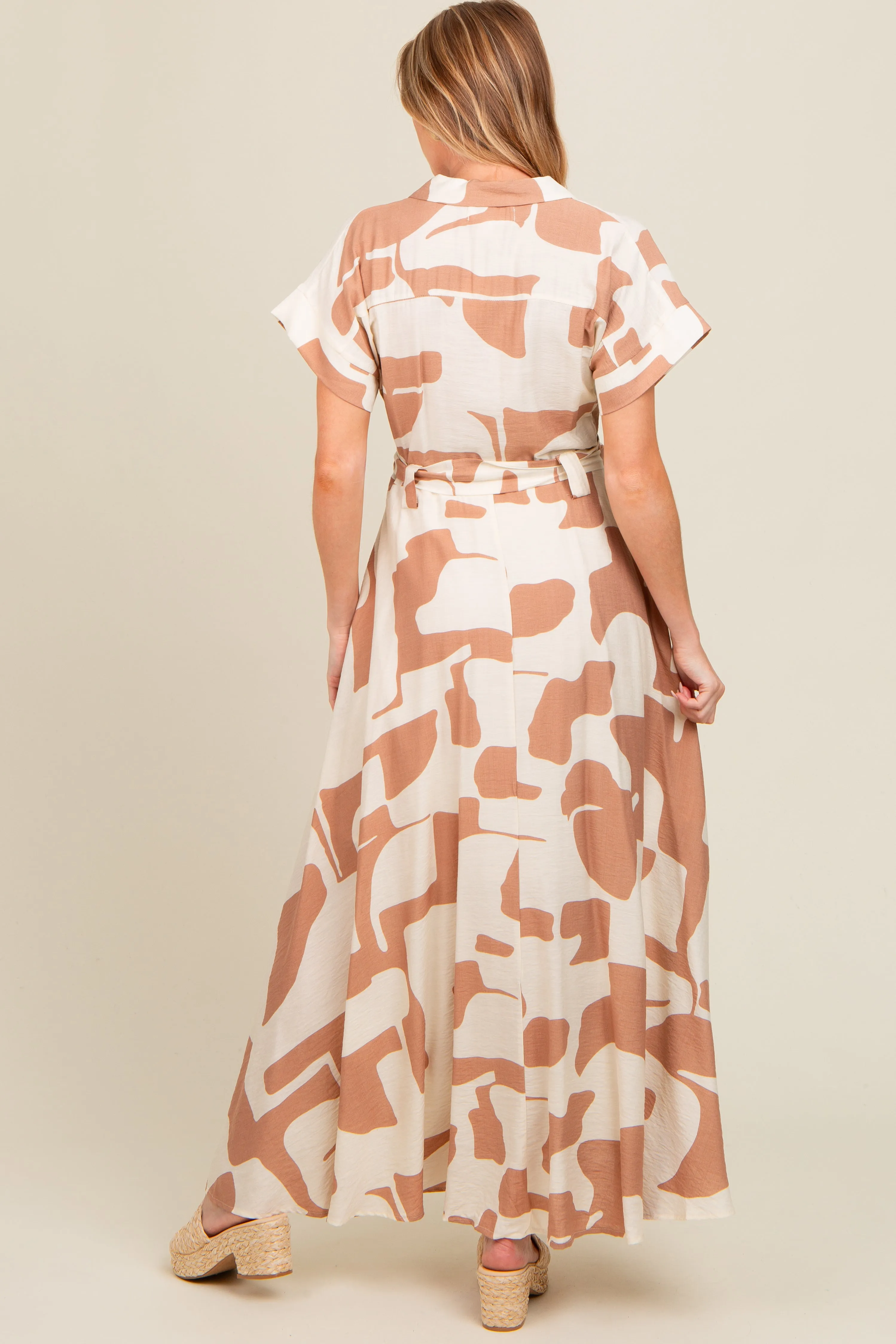 Taupe Printed Sash Tie Button Down Maternity Maxi Dress sold by Pinkblush product image thumbnail 3