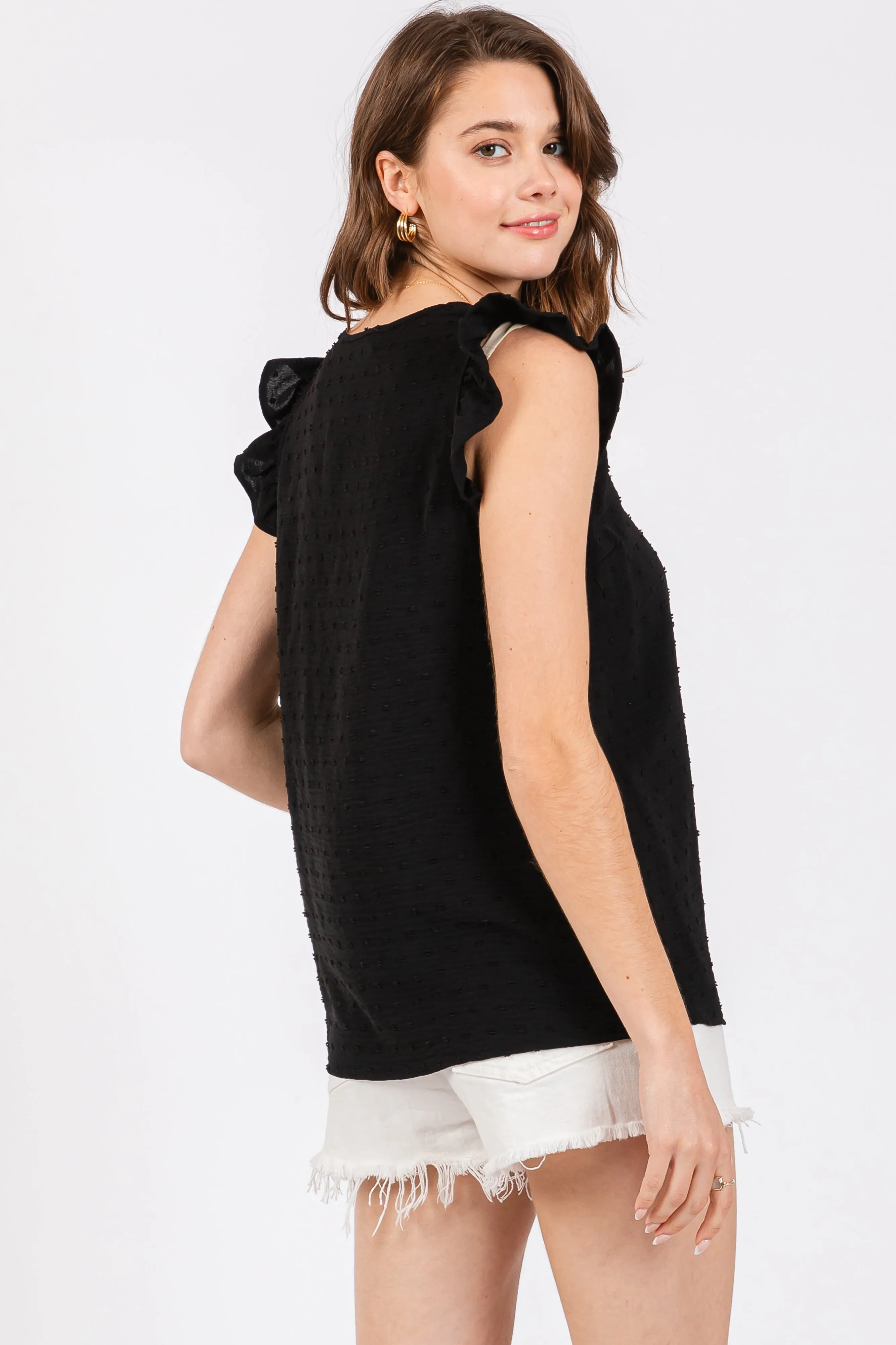 Black Swiss Dot Flutter Sleeve V-Neck Top sold by Pinkblush product image thumbnail 3