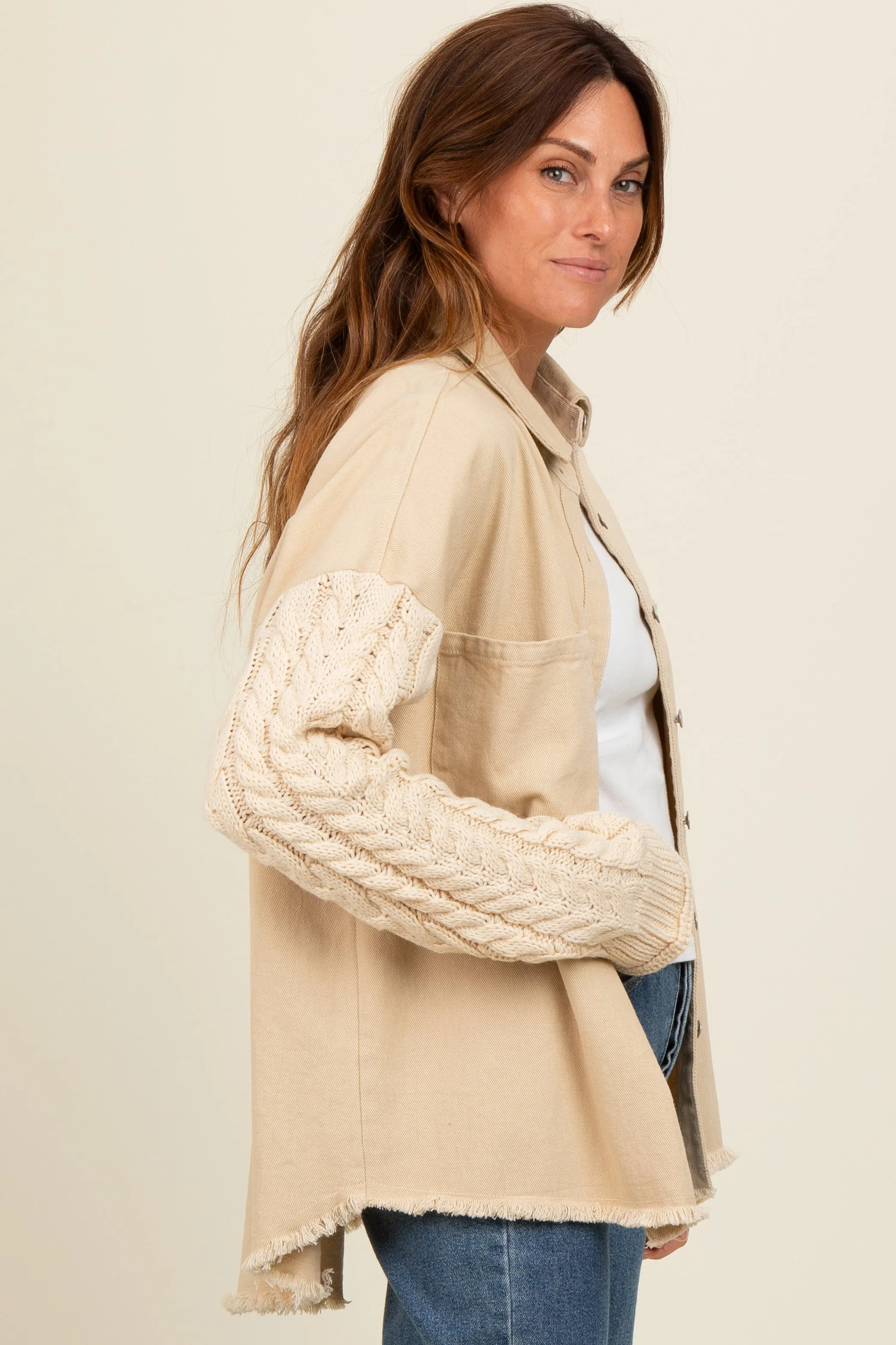 Beige Denim Cable Knit Contrast Jacket sold by Pinkblush product image thumbnail 3