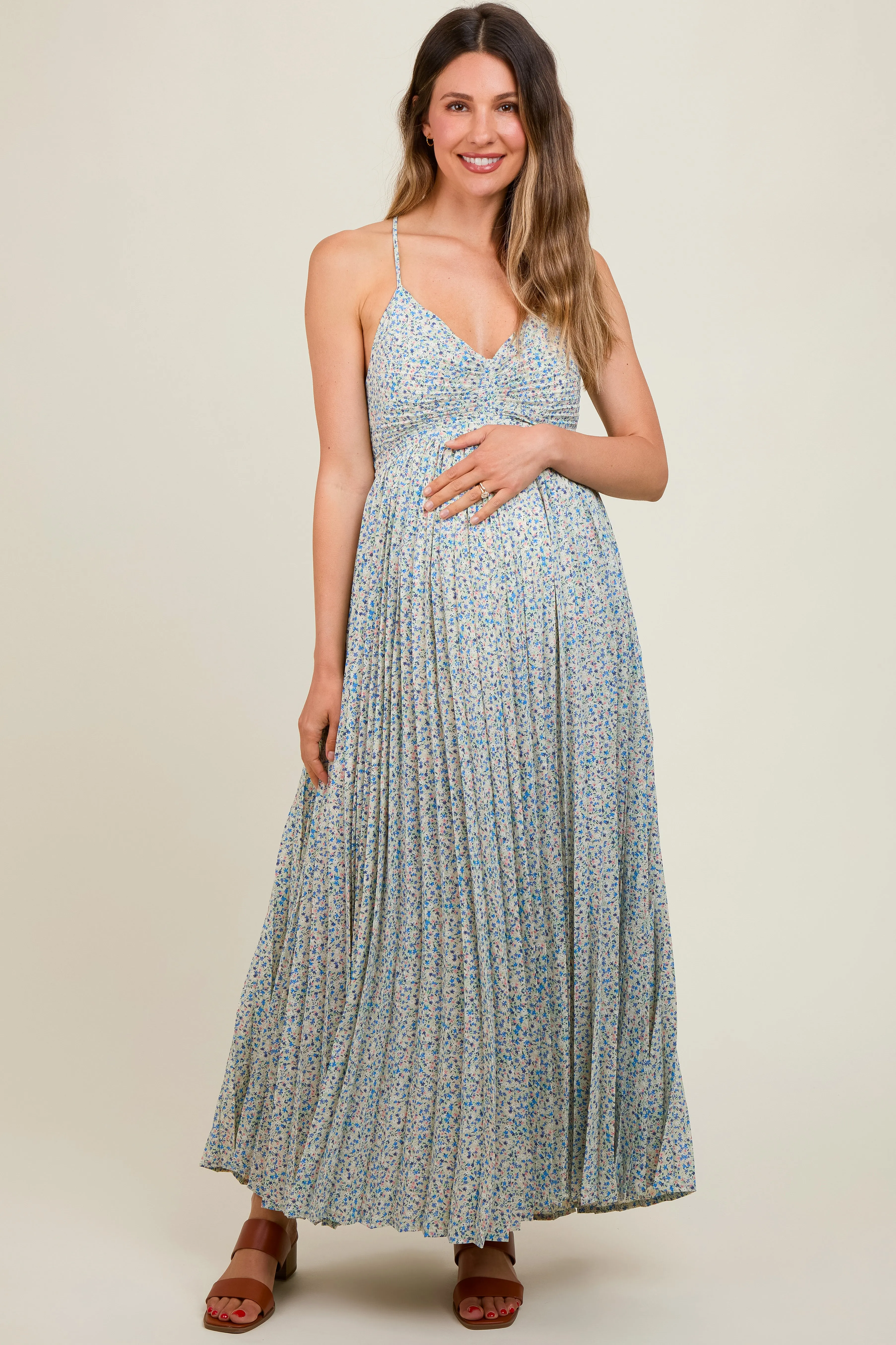 Blue Floral Pleated Cutout Back Maternity Maxi Dress sold by Pinkblush product image thumbnail 2