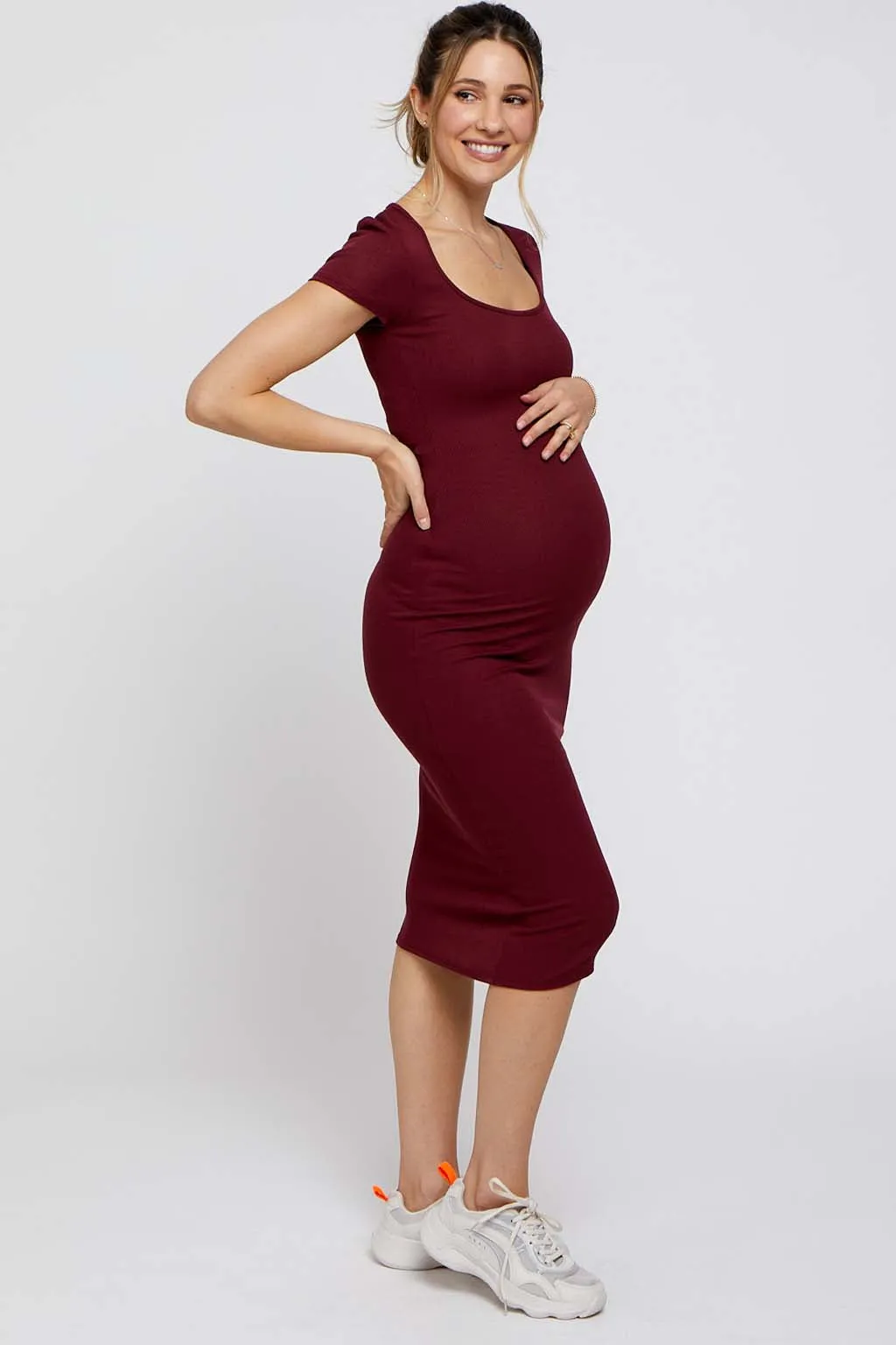 Burgundy Rib Knit Short Sleeve Maternity Midi Dress sold by Pinkblush product image thumbnail 3