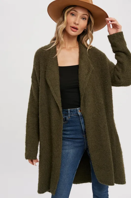 Olive Fuzzy Knit Draped Cardigan sold by Pinkblush
