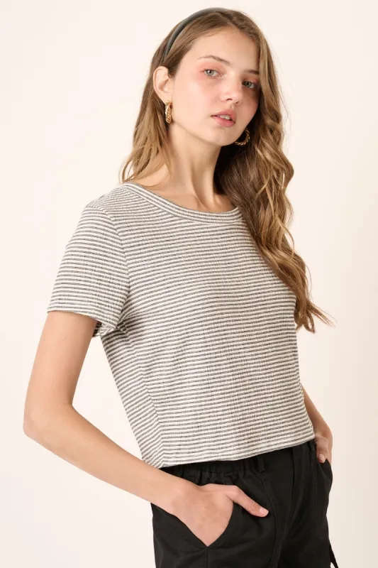 Ivory Black Striped Crinkle Knit Short Sleeve Crop Top sold by Pinkblush