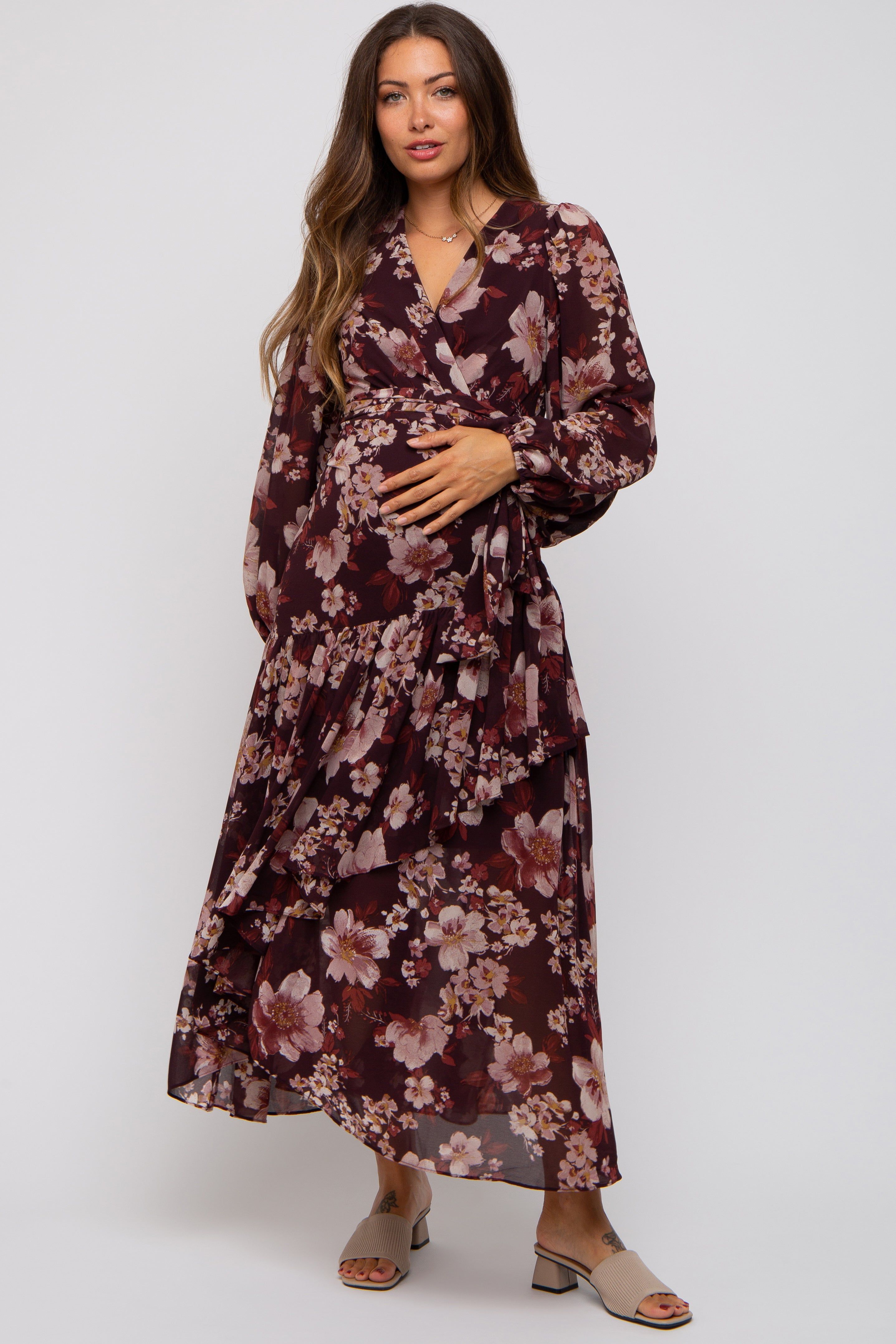 Burgundy Floral Chiffon Wrap Front Ruffle Maternity Midi Dress sold by Pinkblush product image thumbnail 2