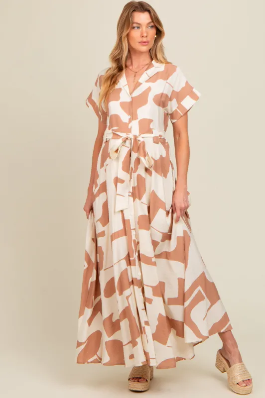 Taupe Printed Sash Tie Button Down Maternity Maxi Dress sold by Pinkblush