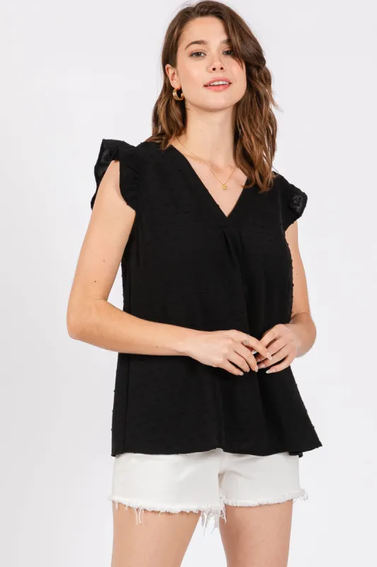 Black Swiss Dot Flutter Sleeve V-Neck Top sold by Pinkblush