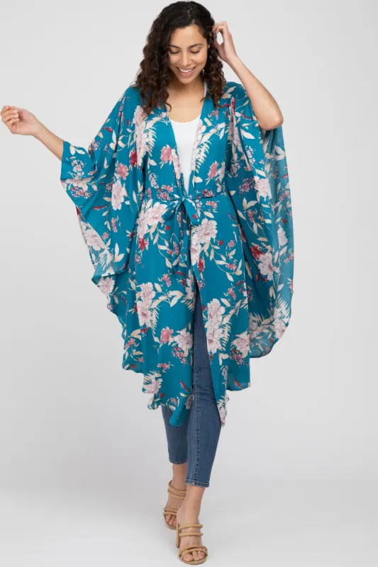 Teal Floral Flowy Round Hem Cover-Up sold by Pinkblush