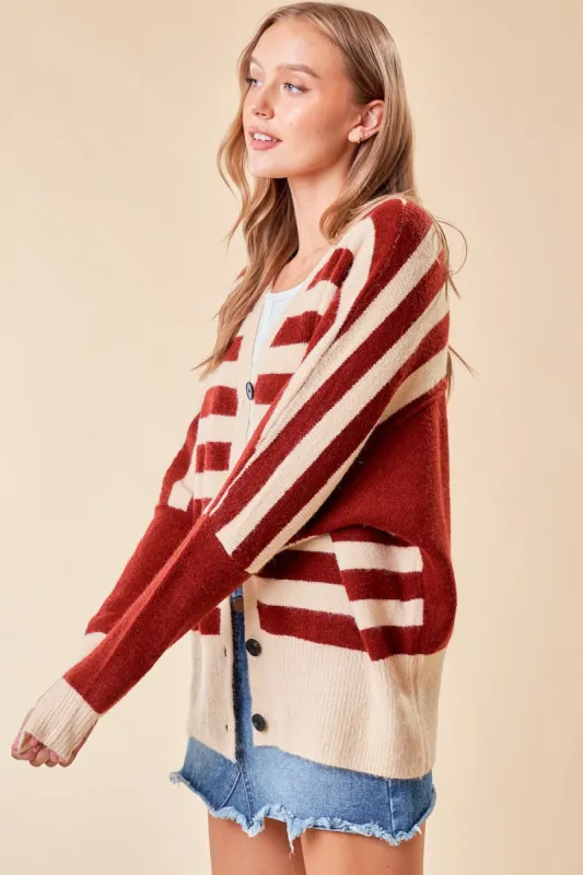 Cream Maroon Striped Sweater Cardigan sold by Pinkblush