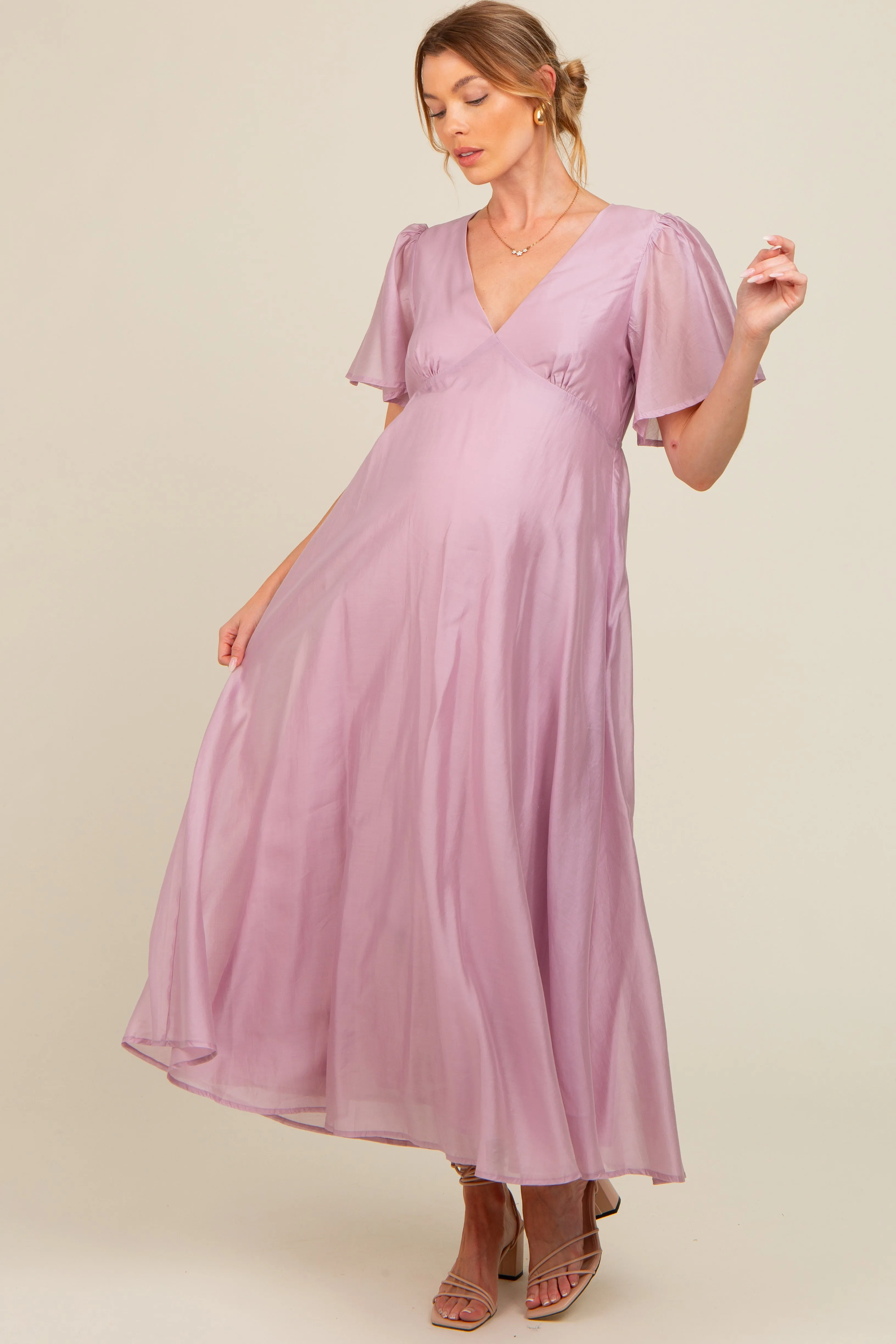 Lavender V-Neck Flutter Sleeve Maternity Maxi Dress sold by Pinkblush