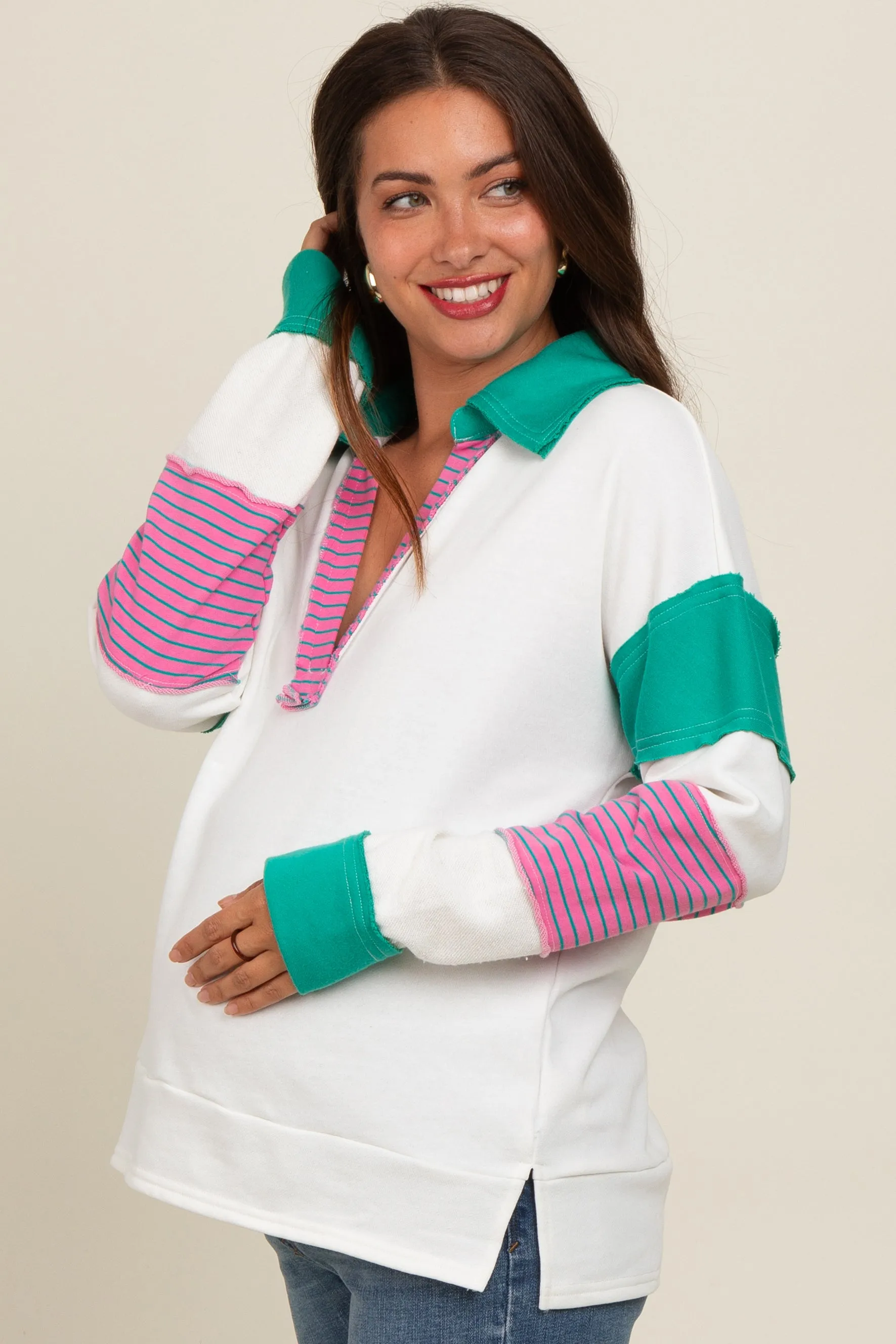 Green Raw Hem Maternity Long Sleeve Polo Top sold by Pinkblush product image thumbnail 3