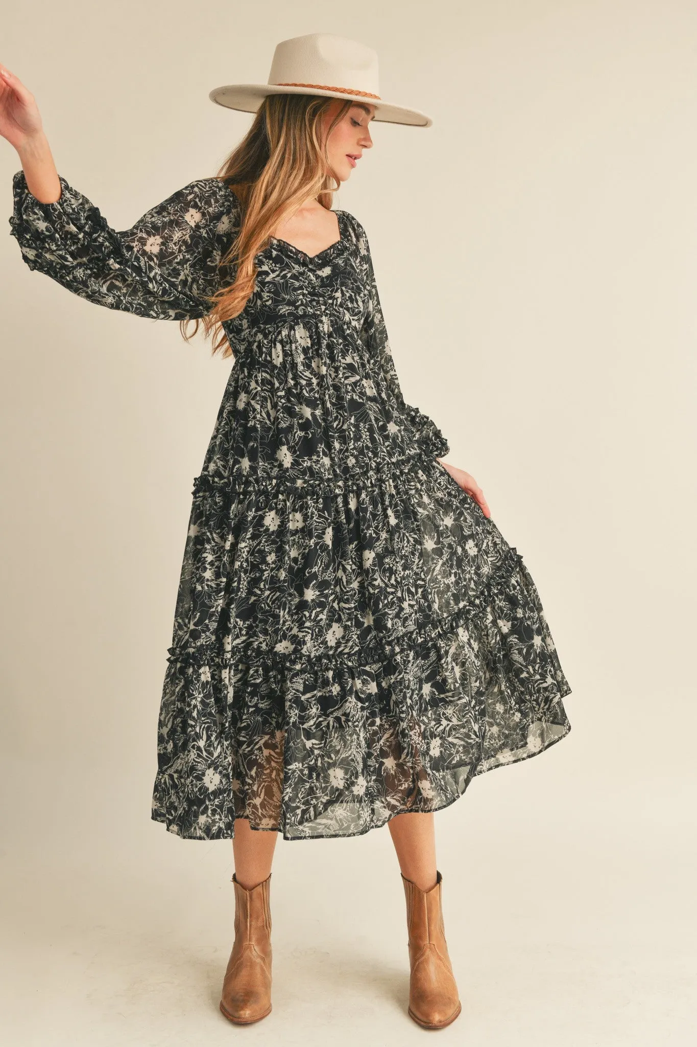 Black Floral Chiffon Sweetheart Neck Ruffle Tiered Midi Dress | Parallel