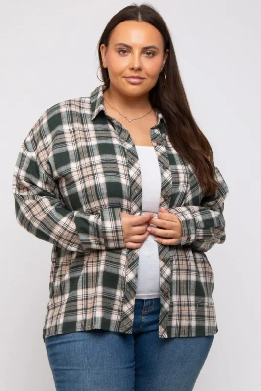 Forest Green Plaid Button Down Plus Top sold by Pinkblush