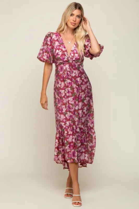 Burgundy Floral Deep V-Neck Puff Sleeve Maxi Dress sold by Pinkblush