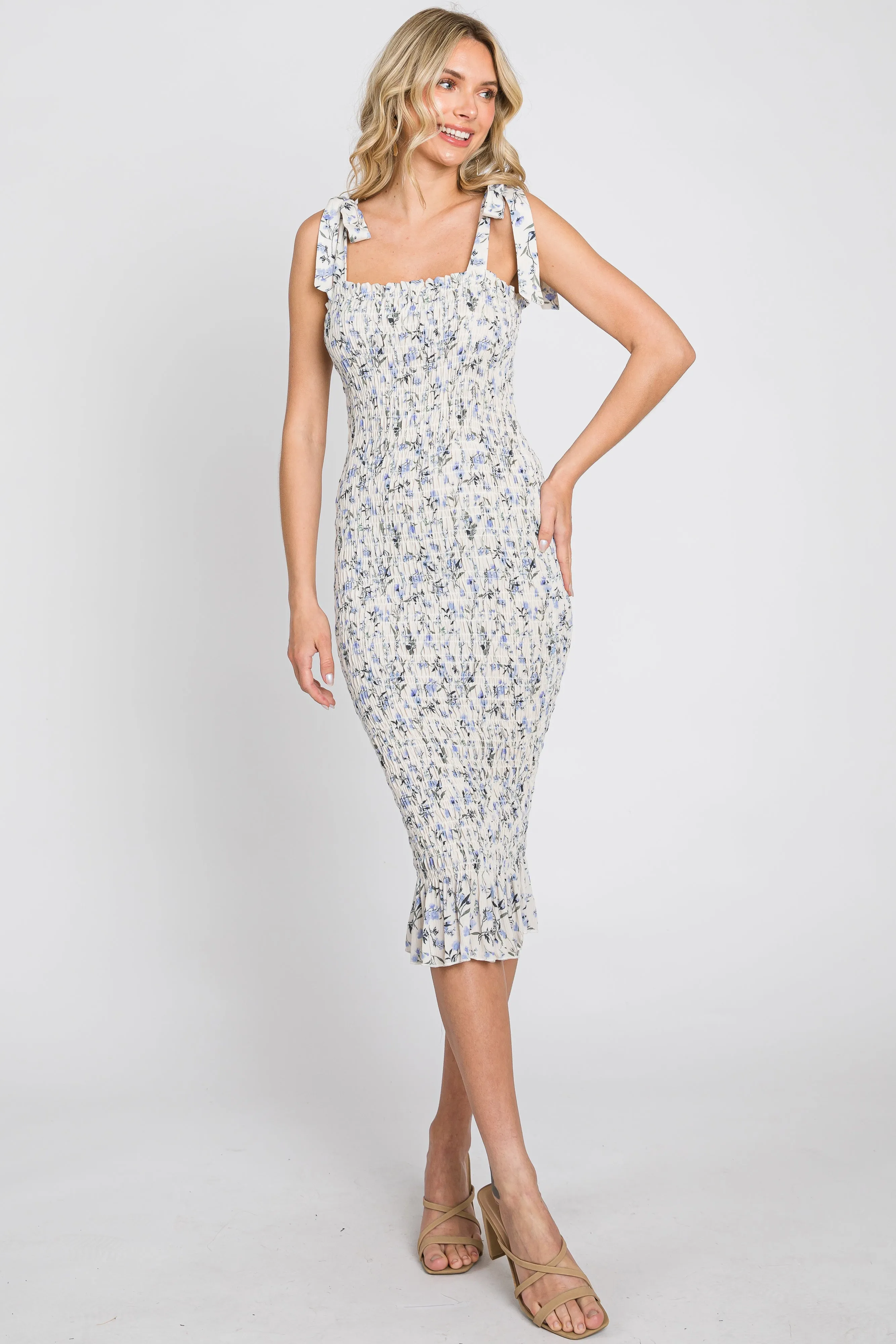 White Floral Smocked Fitted Maternity Dress sold by Pinkblush product image thumbnail 5