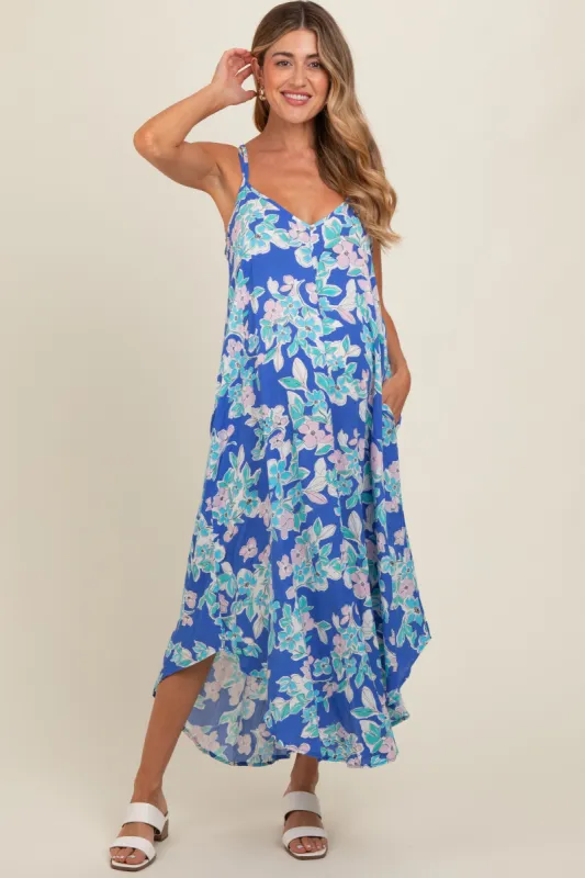 Blue Floral V-Neck Cross Back Maternity Midi Dress sold by Pinkblush