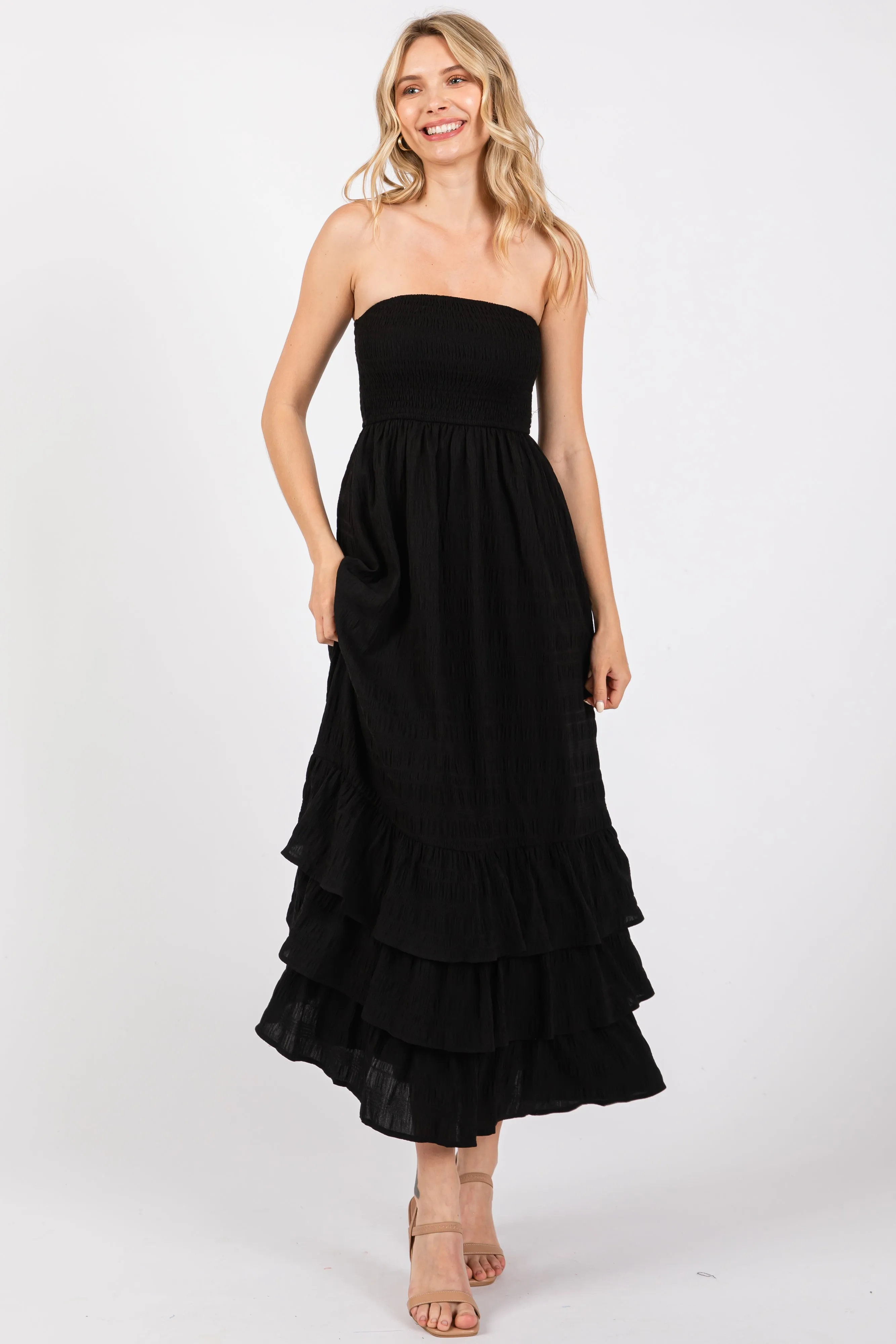 Black Smocked Ruffle Hem Tube Maxi Dress sold by Pinkblush