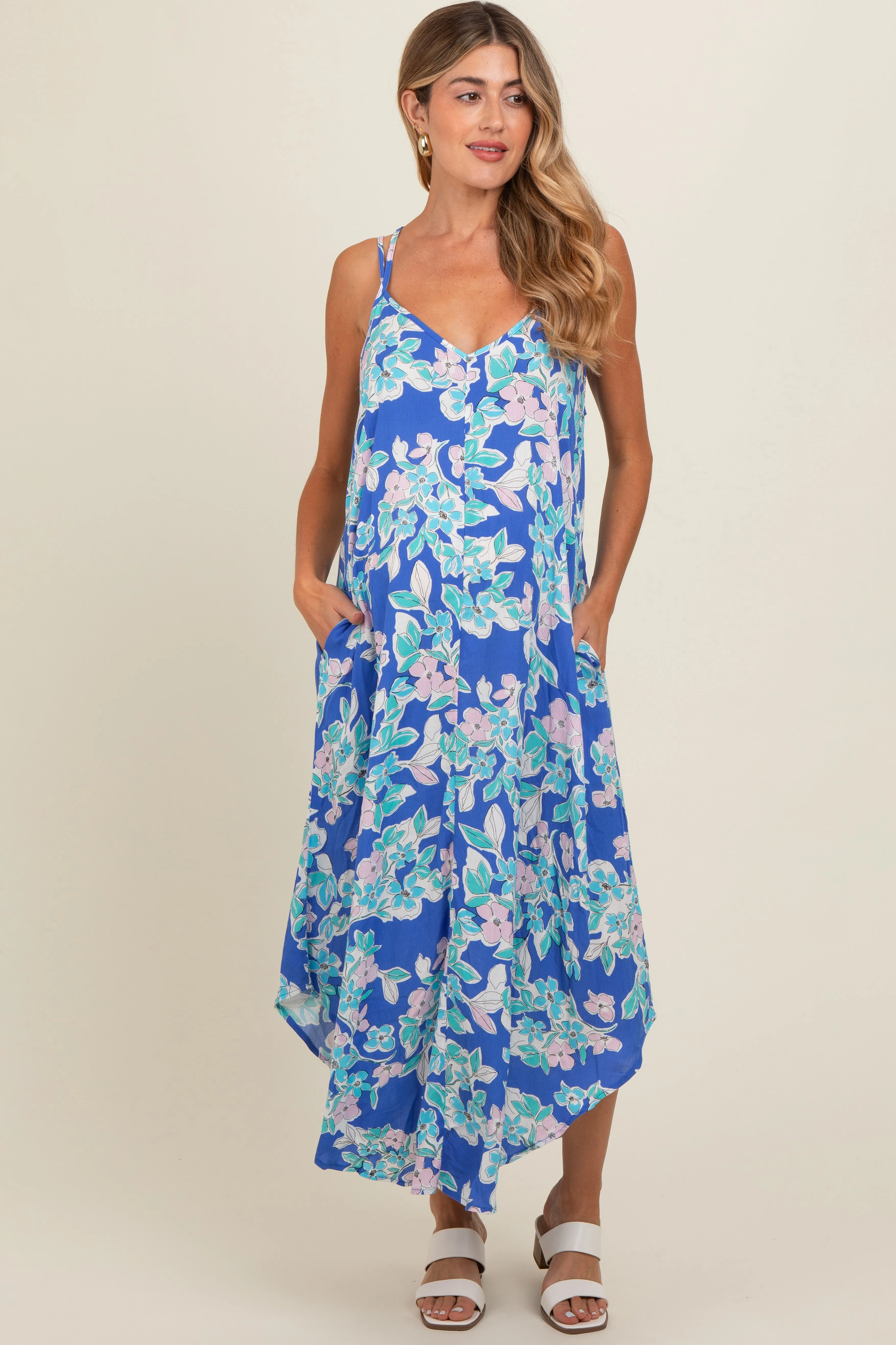 Blue Floral V-Neck Cross Back Maternity Midi Dress sold by Pinkblush product image thumbnail 2