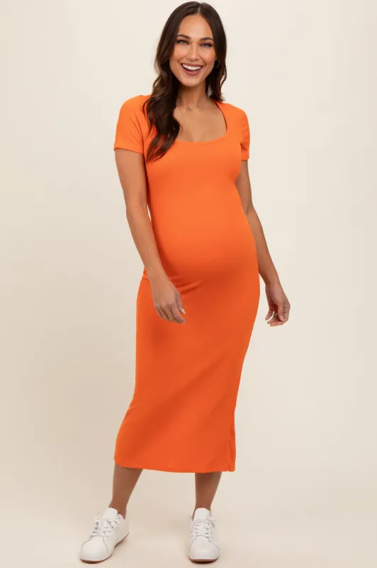 Orange Ribbed Fitted Maternity Midi Dress sold by Pinkblush