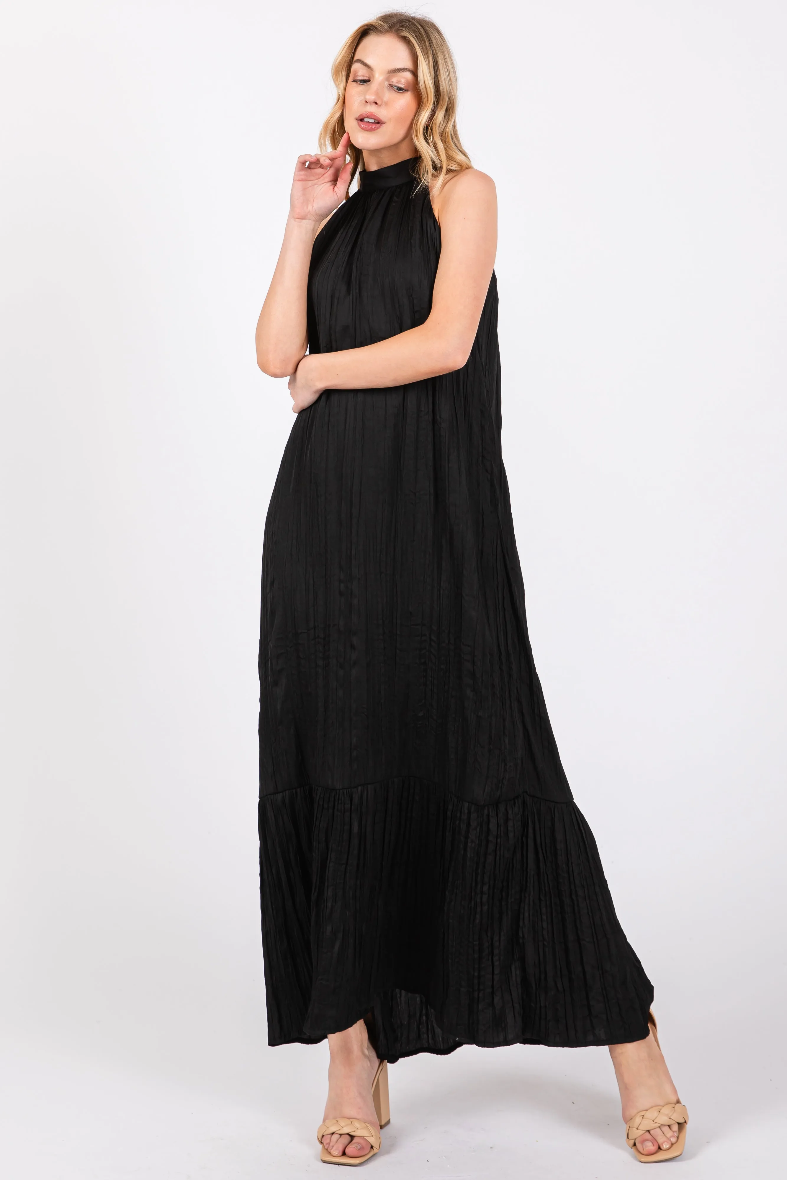 Black Textured Halter Tie Maternity Maxi Dress sold by Pinkblush product image thumbnail 4