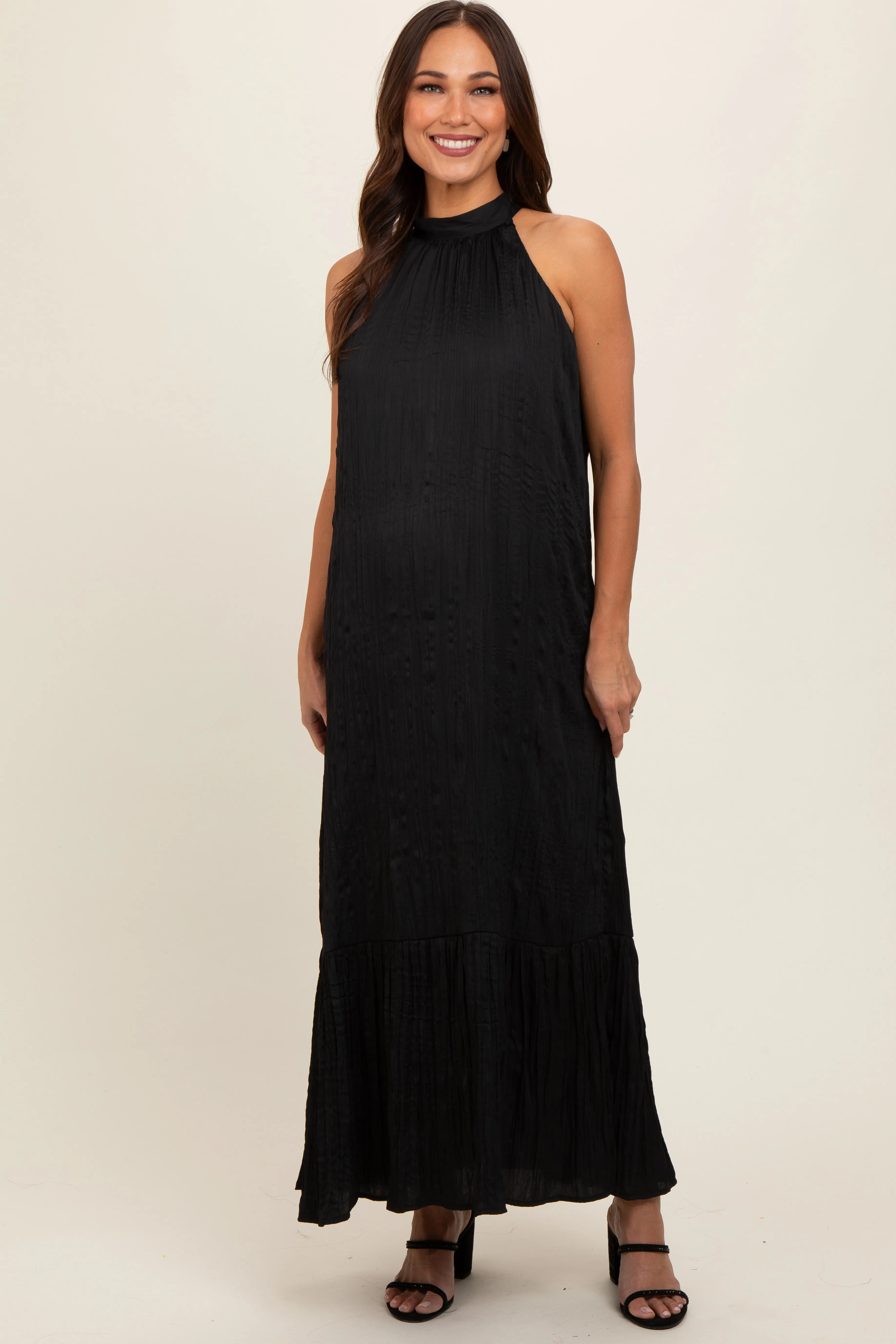 Black Textured Halter Tie Maternity Maxi Dress sold by Pinkblush