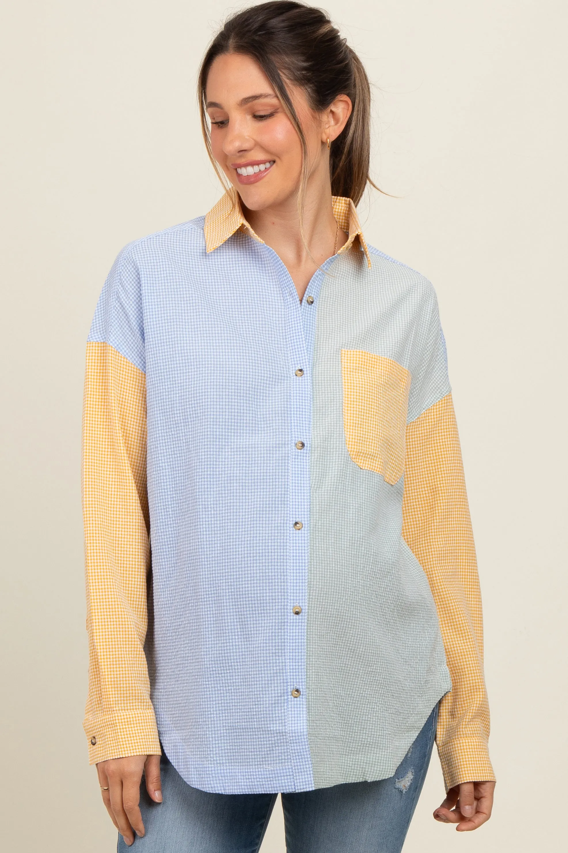 Yellow Colorblock Gingham Maternity Button Down Top sold by Pinkblush product image thumbnail 2