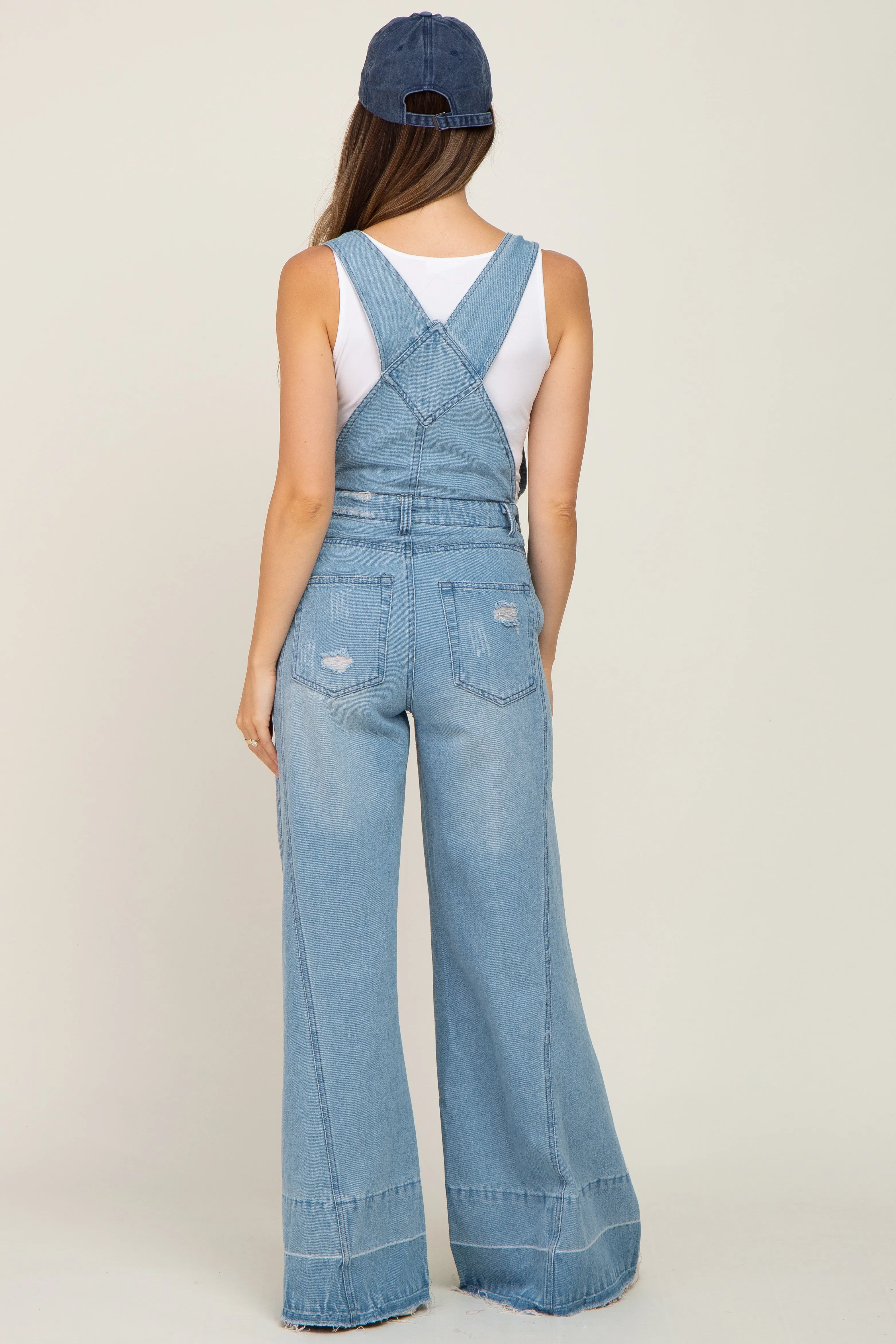 Blue Light Wash Denim Distressed Wide Leg Maternity Overalls sold by Pinkblush product image thumbnail 3
