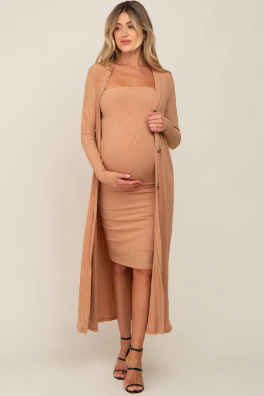 Camel Ribbed Maternity Dress Set sold by Pinkblush