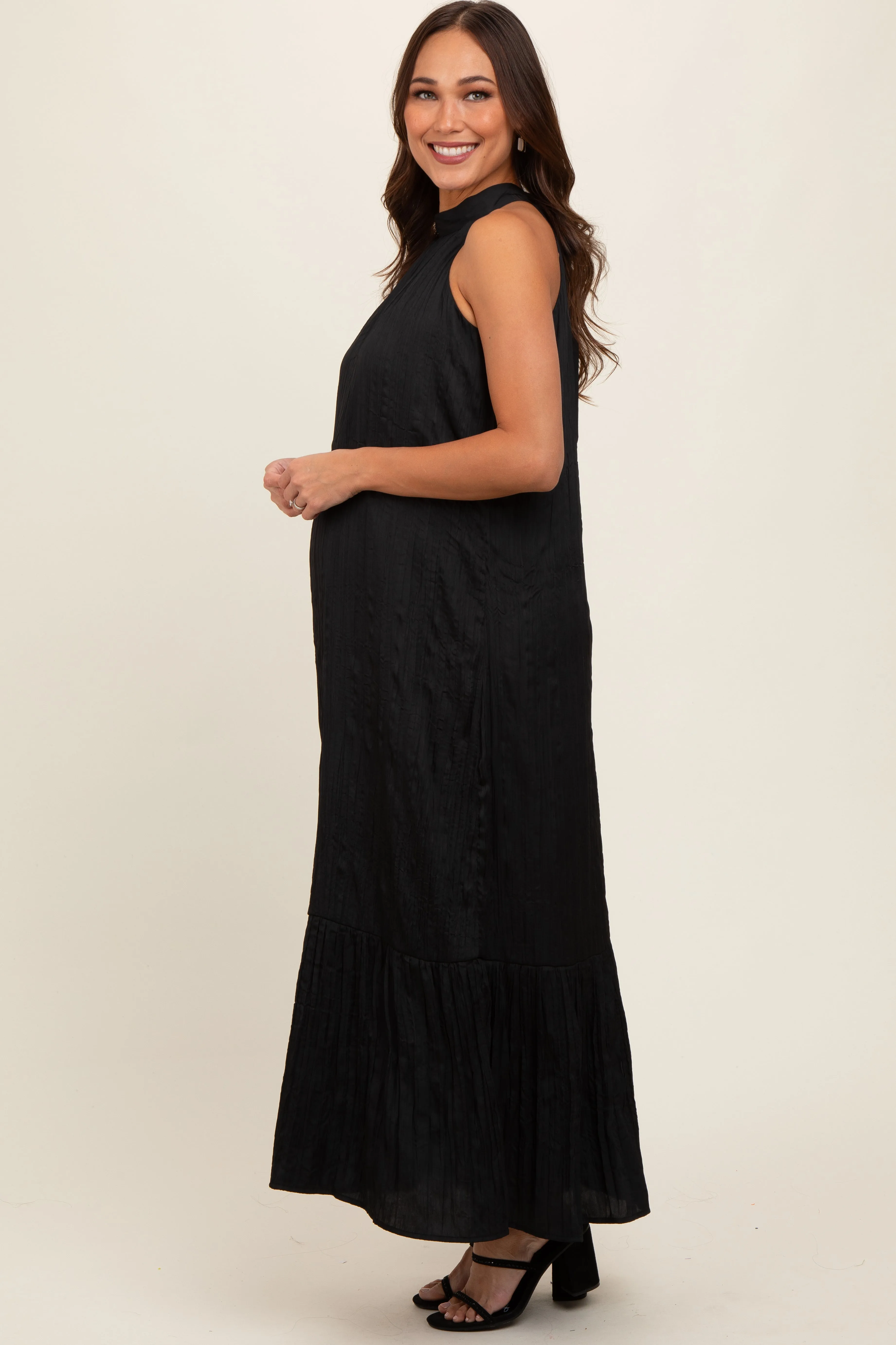 Black Textured Halter Tie Maternity Maxi Dress sold by Pinkblush product image thumbnail 2