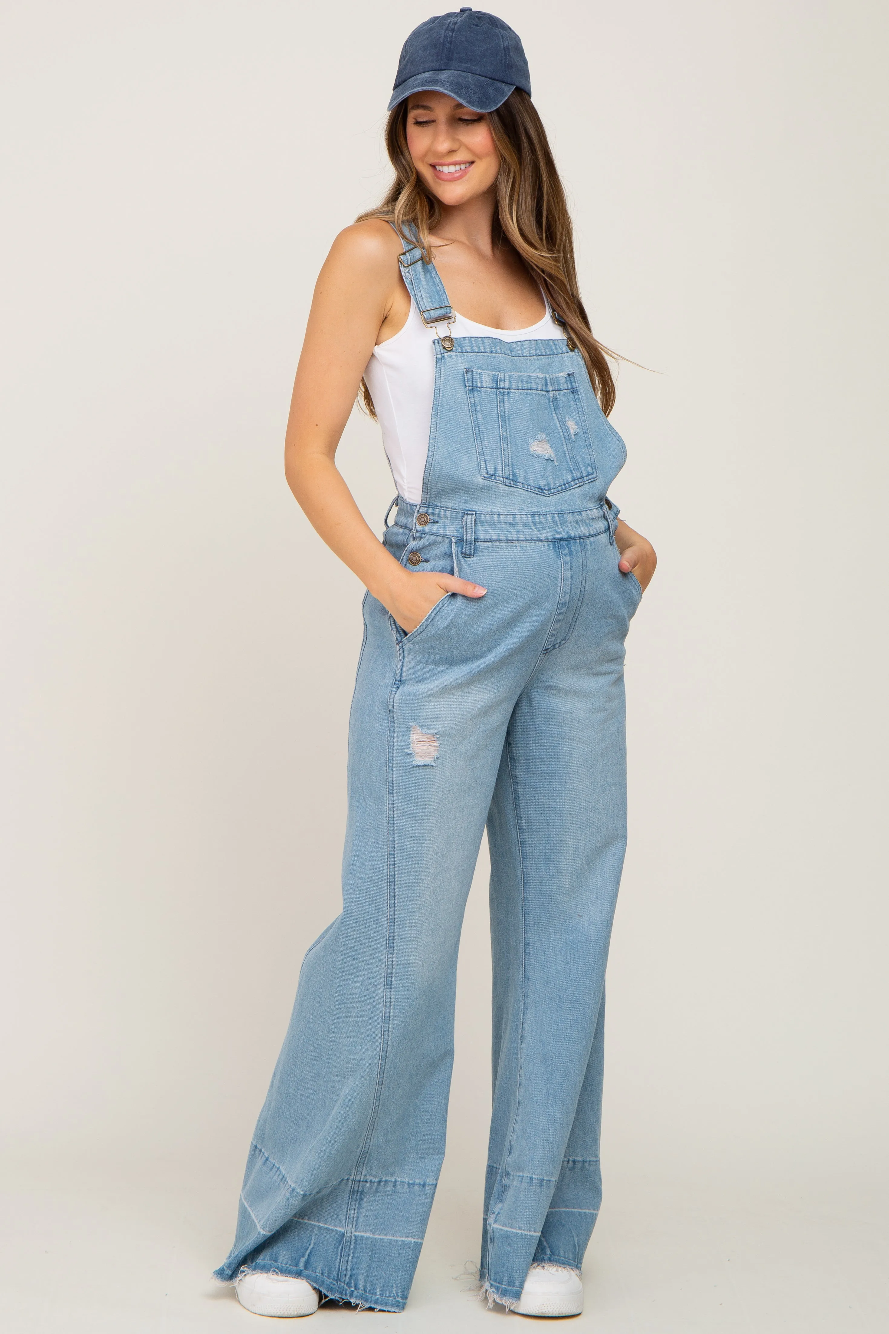Blue Light Wash Denim Distressed Wide Leg Maternity Overalls sold by Pinkblush product image thumbnail 4