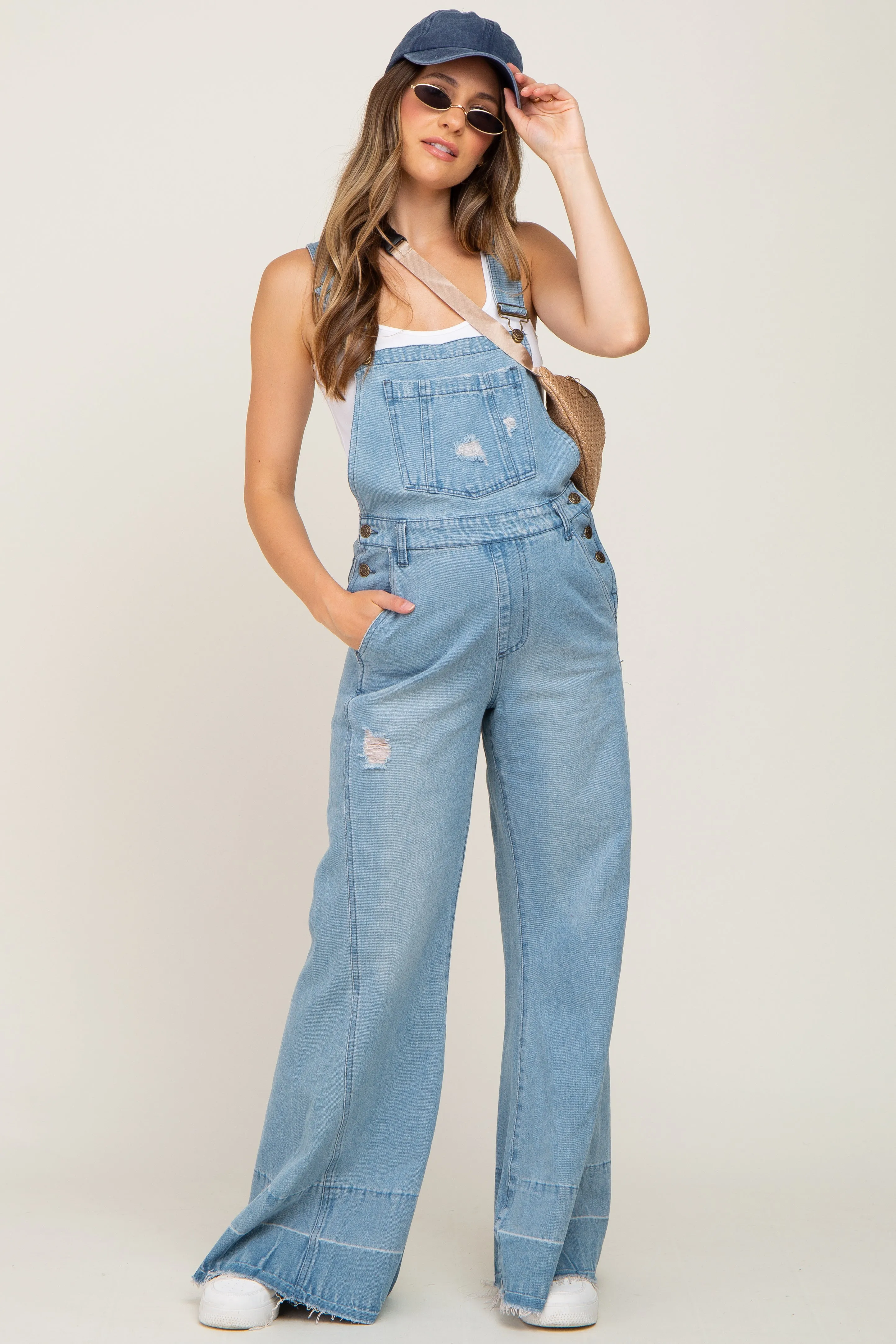 Blue Light Wash Denim Distressed Wide Leg Maternity Overalls sold by Pinkblush