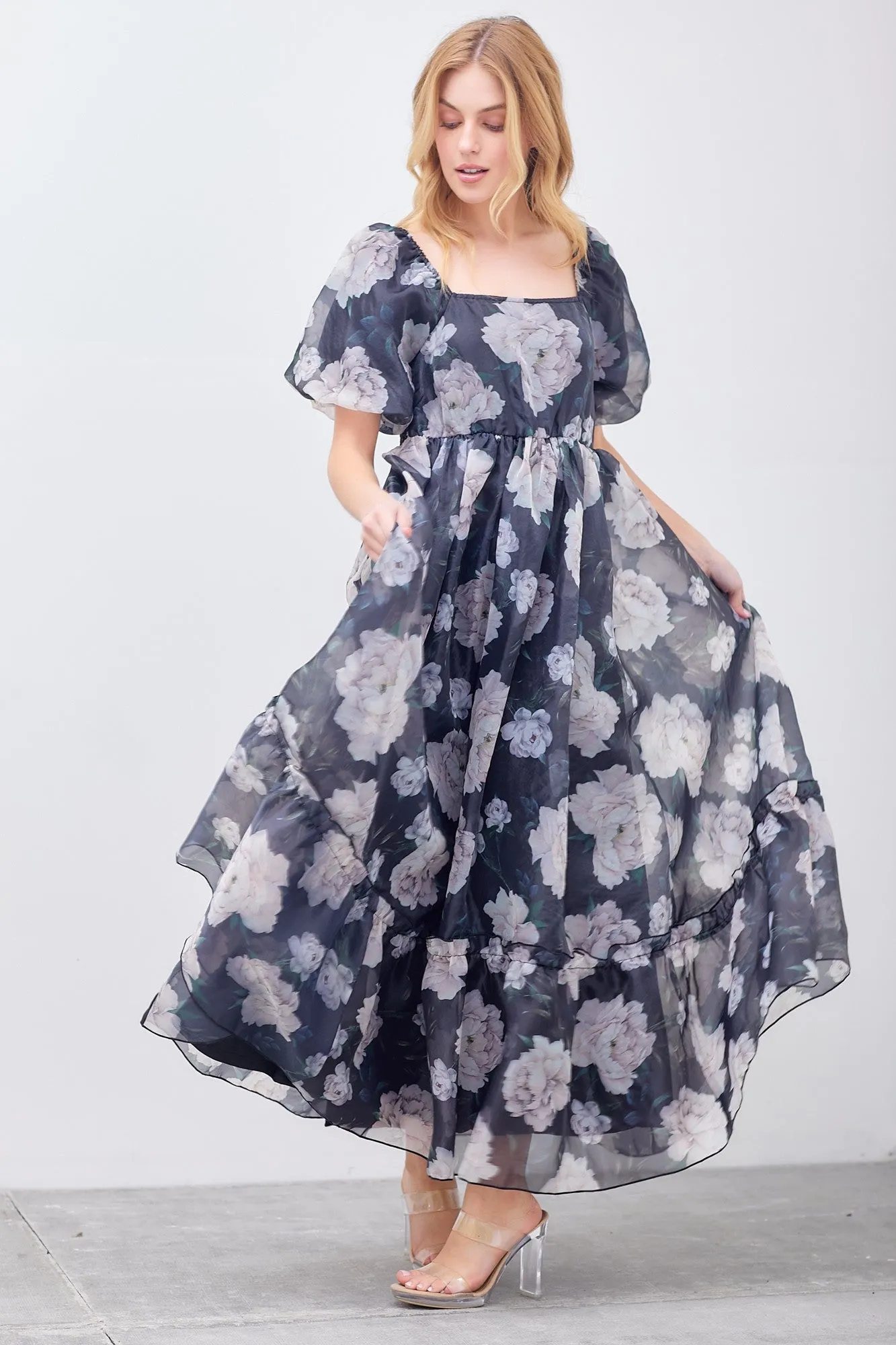 Black Floral Organza Square Neck Midi Dress sold by Pinkblush product image thumbnail 2