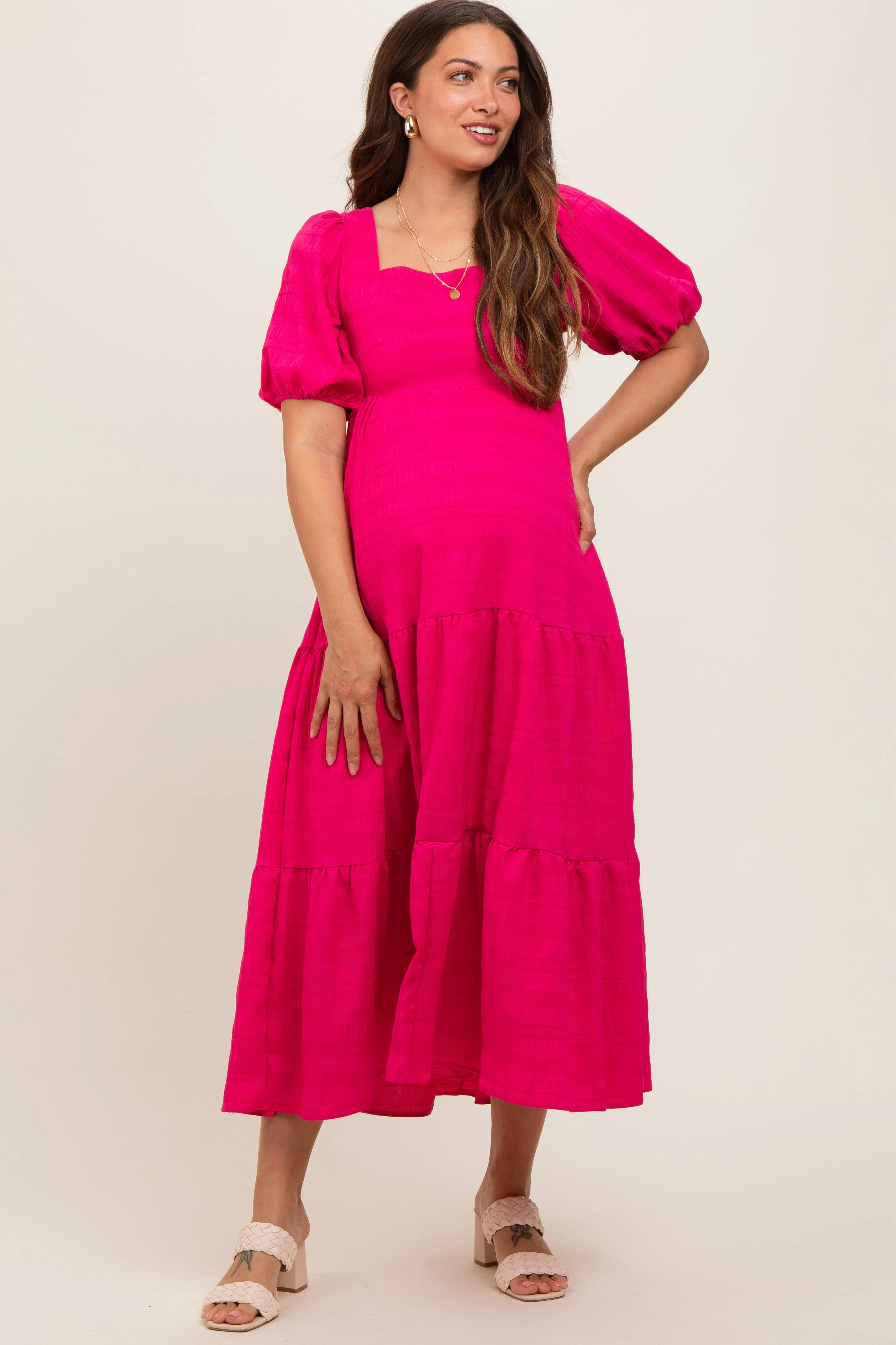 Fuchsia Textured Maternity Tiered Midi Dress sold by Pinkblush