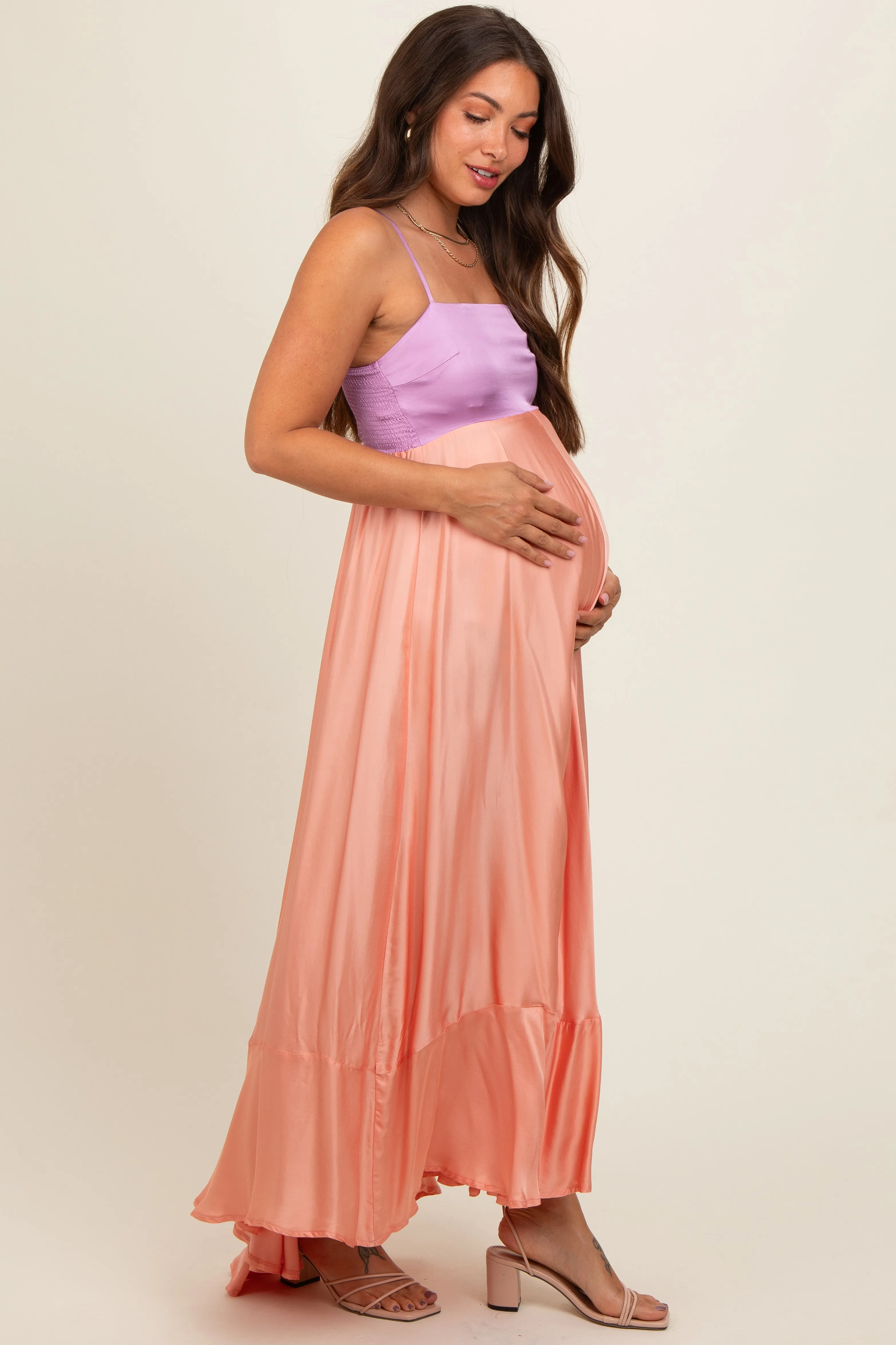 Peach Colorblock Sleeveless Satin Maternity Dress sold by Pinkblush product image thumbnail 4
