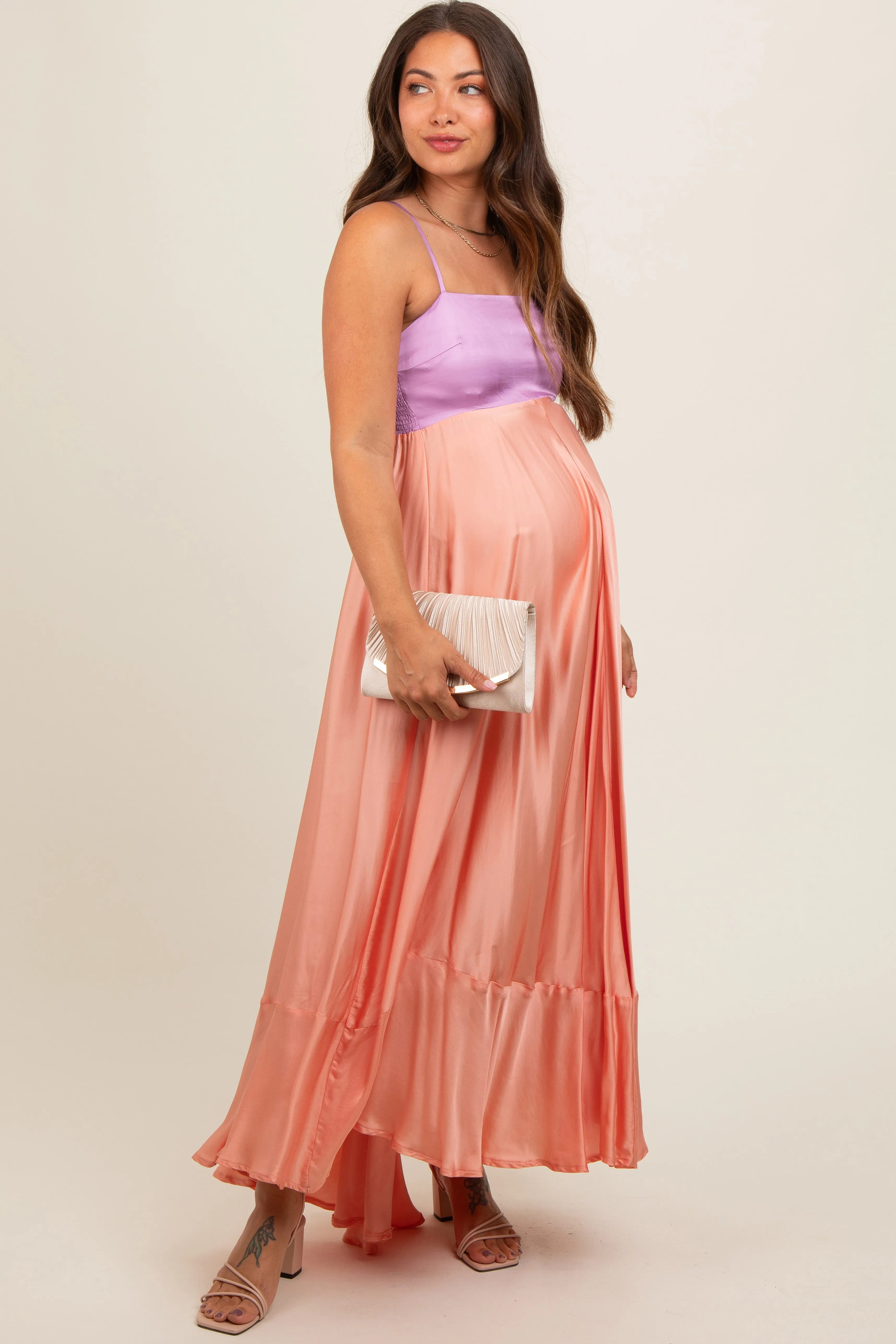 Peach Colorblock Sleeveless Satin Maternity Dress sold by Pinkblush
