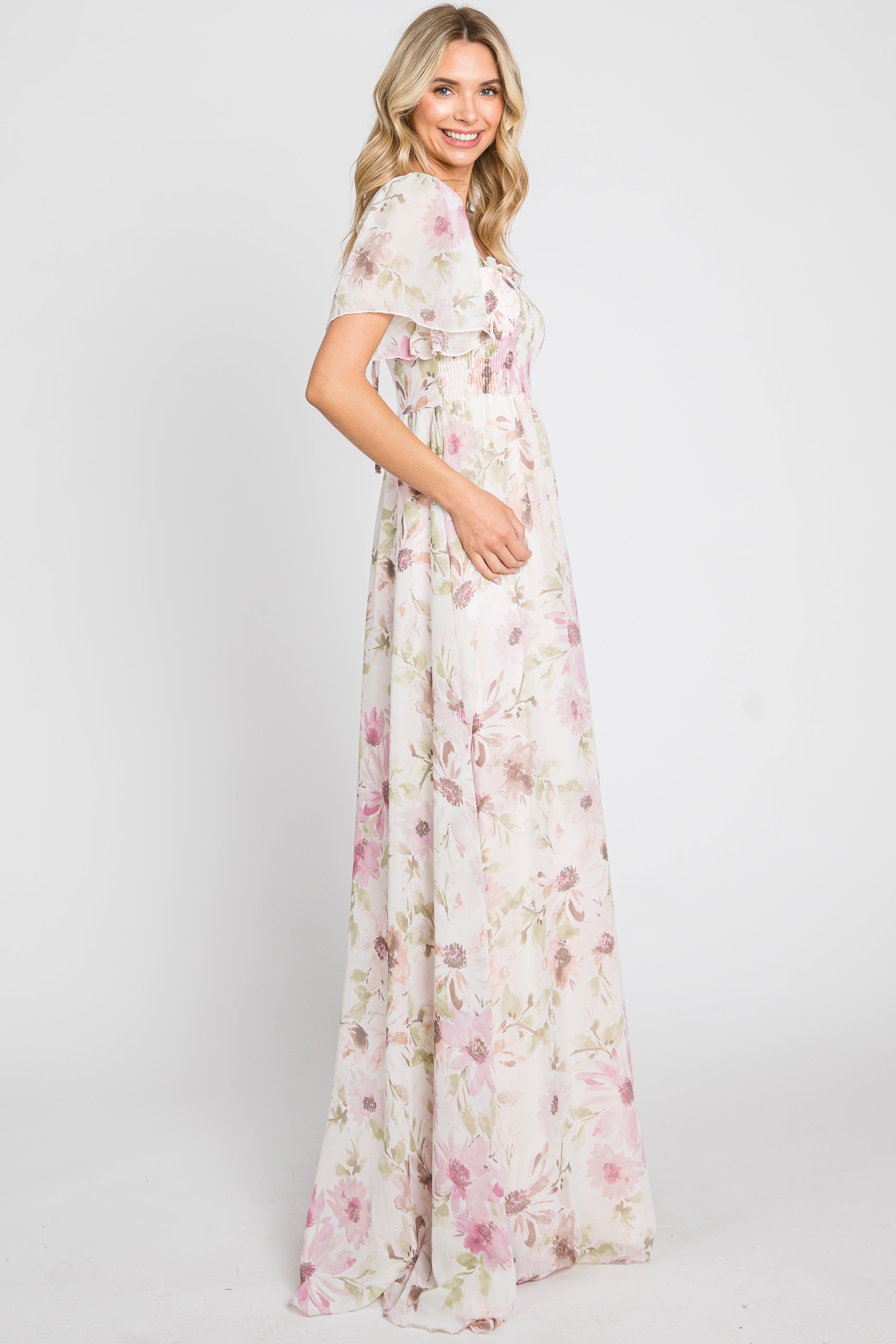 Pink Floral Chiffon Smocked Short Sleeve Maxi Dress sold by Pinkblush product image thumbnail 3