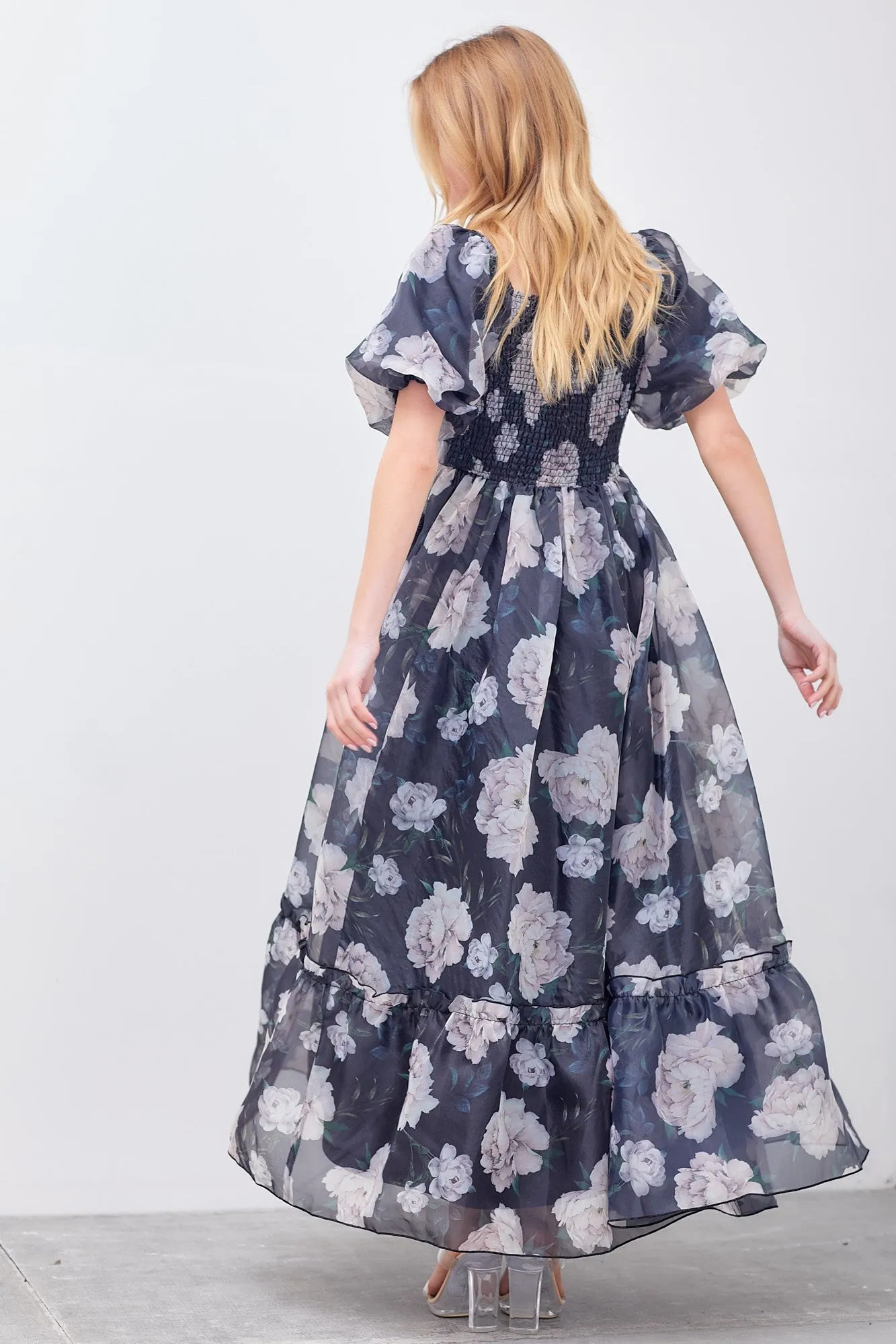 Black Floral Organza Square Neck Midi Dress sold by Pinkblush product image thumbnail 3
