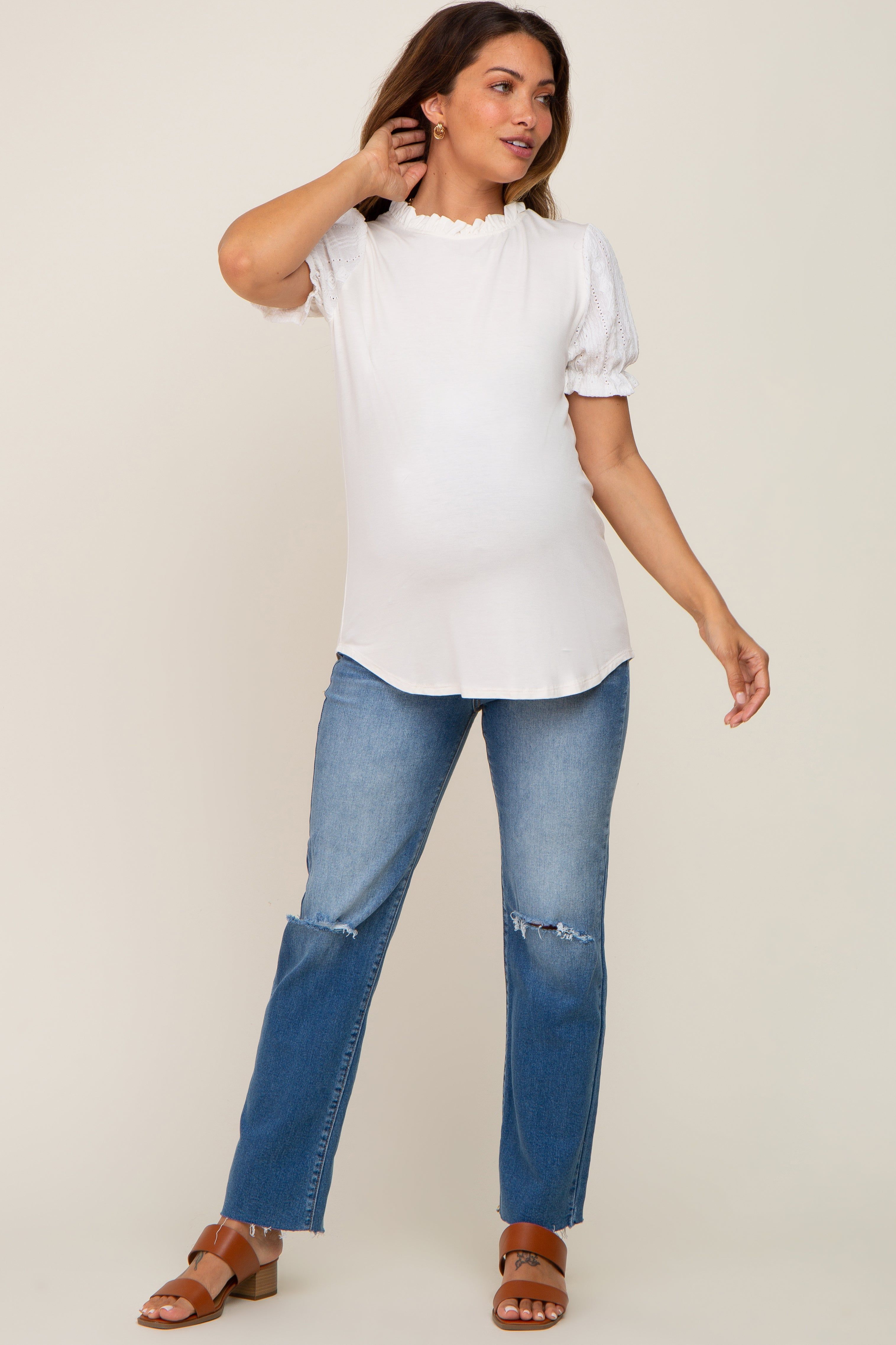 Ivory Contrast Crochet Sleeve Maternity Top sold by Pinkblush product image thumbnail 4