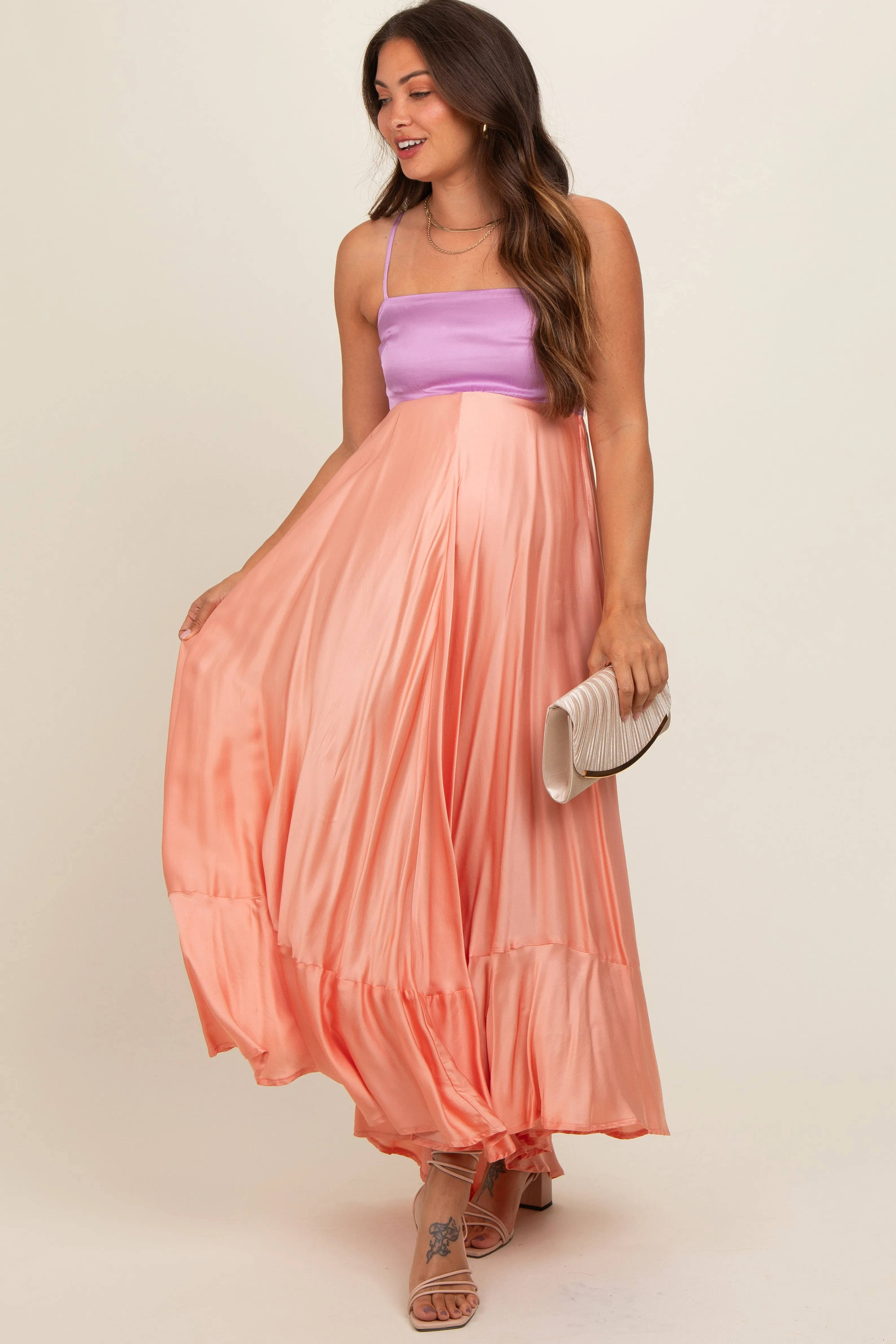 Peach Colorblock Sleeveless Satin Maternity Dress sold by Pinkblush product image thumbnail 2