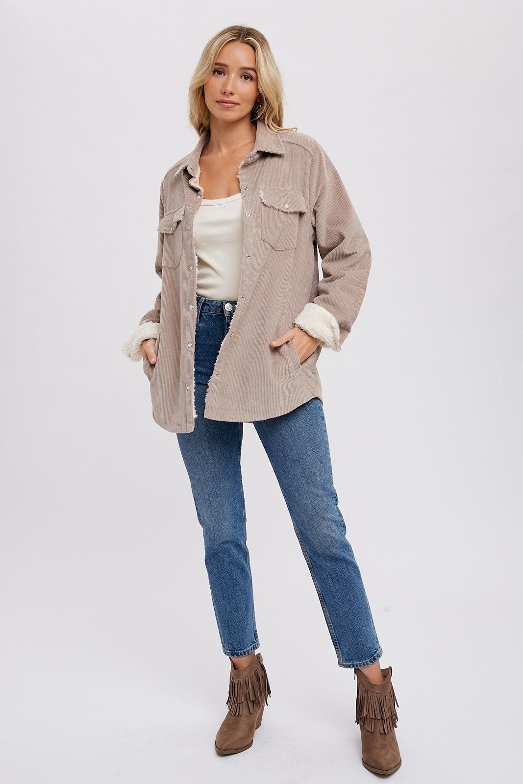 Taupe Corduroy Sherpa Lined Shacket sold by Pinkblush product image thumbnail 3