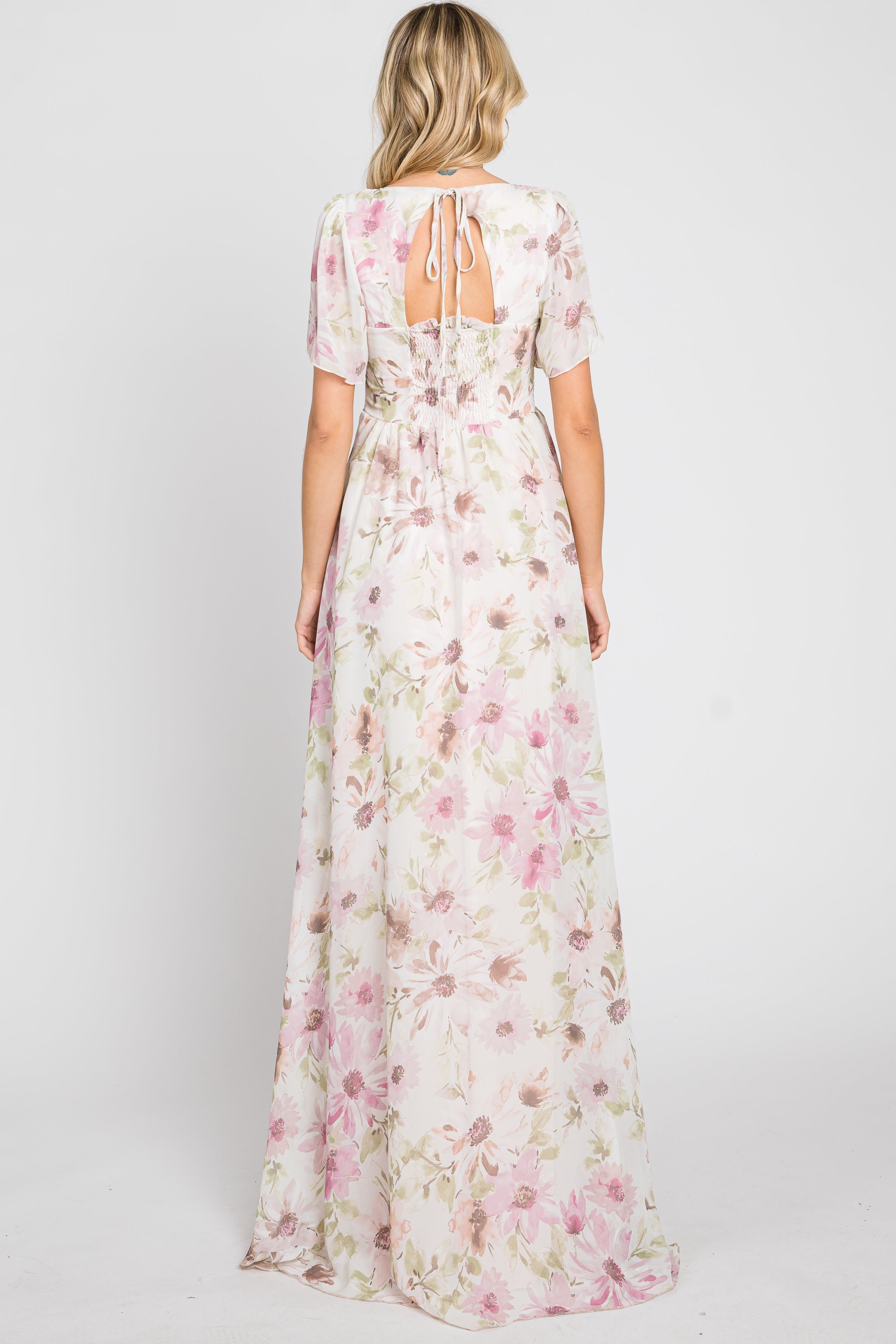 Pink Floral Chiffon Smocked Short Sleeve Maxi Dress sold by Pinkblush product image thumbnail 4