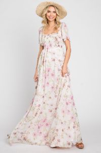 Pink Floral Chiffon Smocked Short Sleeve Maxi Dress sold by Pinkblush