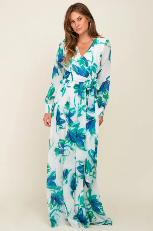 Blue Brush Stroke Print Chiffon Maxi Dress sold by Pinkblush