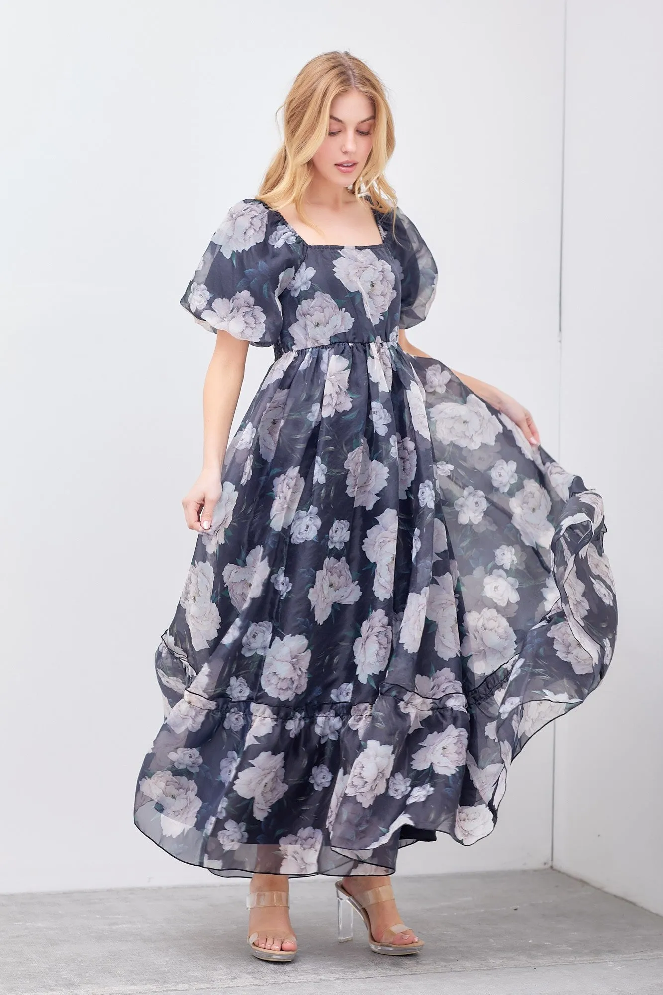 Black Floral Organza Square Neck Midi Dress sold by Pinkblush