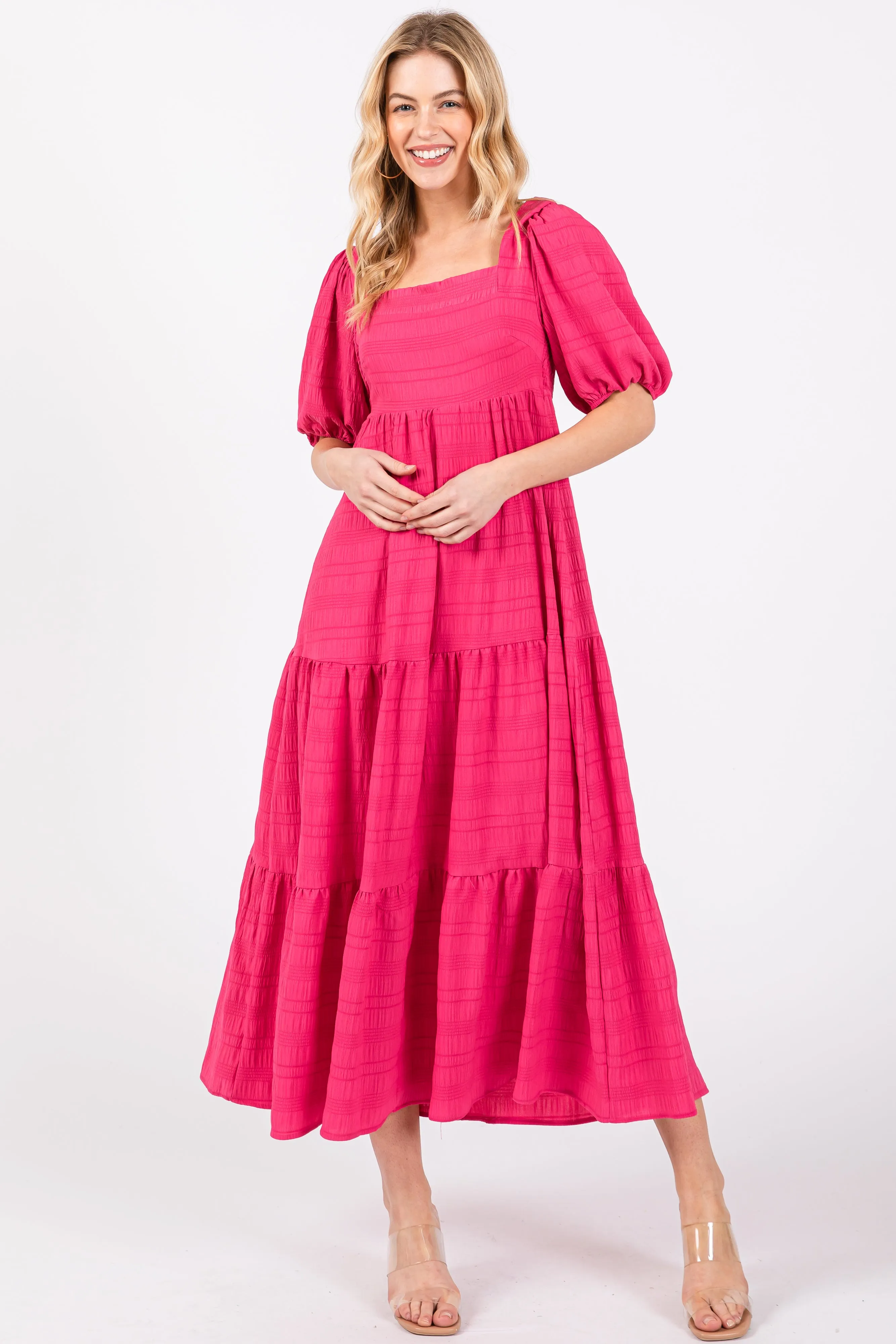 Fuchsia Textured Maternity Tiered Midi Dress sold by Pinkblush product image thumbnail 3