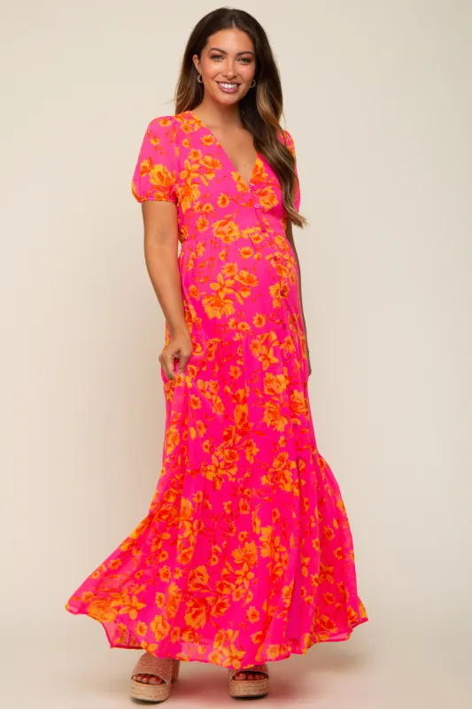 Neon Pink Floral Front Button Tiered Maternity Maxi Dress sold by Pinkblush